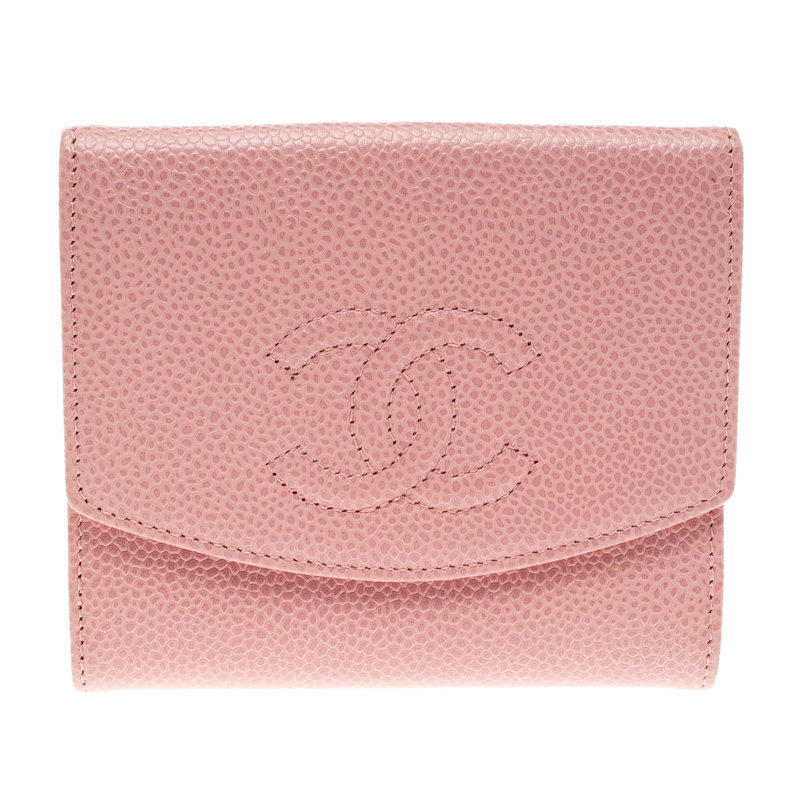 Pre Owned محفظة شانيل طية ثلاثية شعار CC جلد كافيار وردية