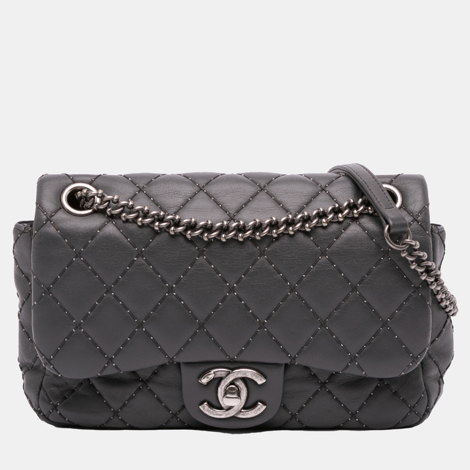 

Chanel Grey Quilted Lambskin Stitched Single Flap