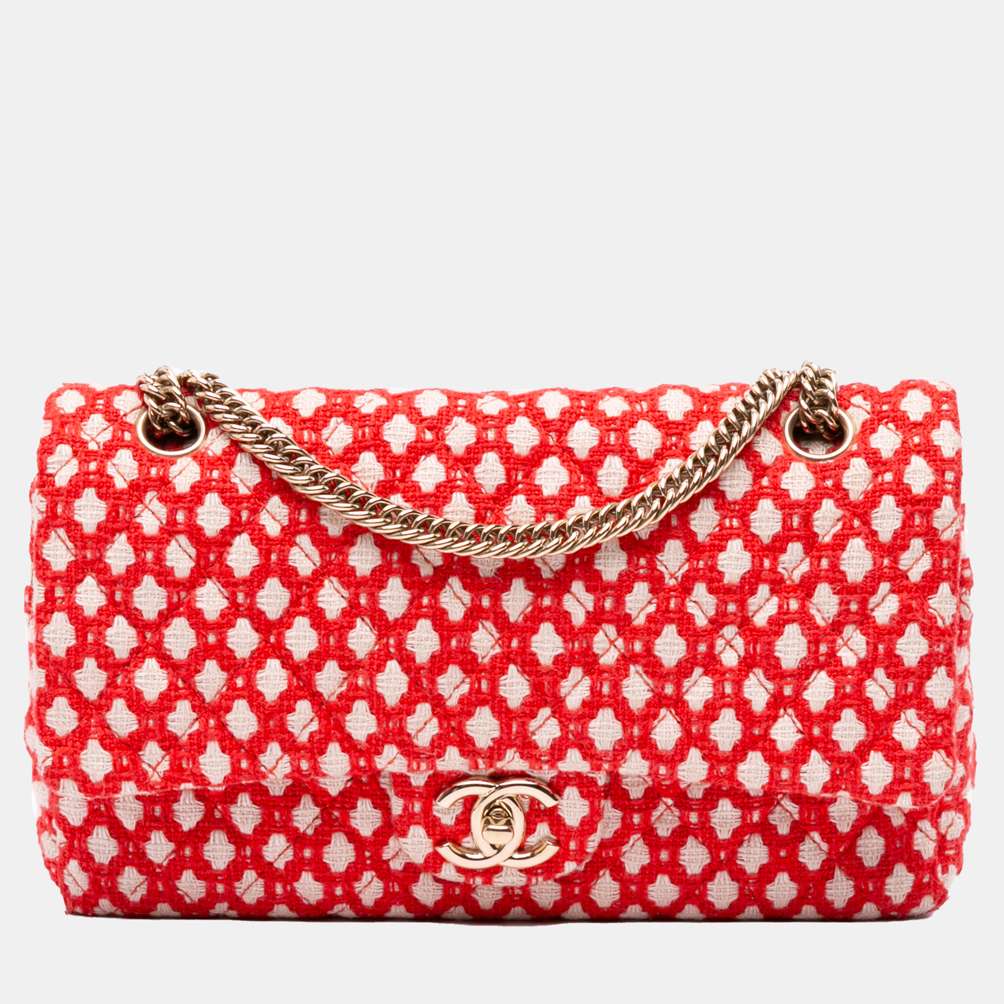 

Chanel Red/White Medium Quilted Tweed Bijoux Chain Double Flap