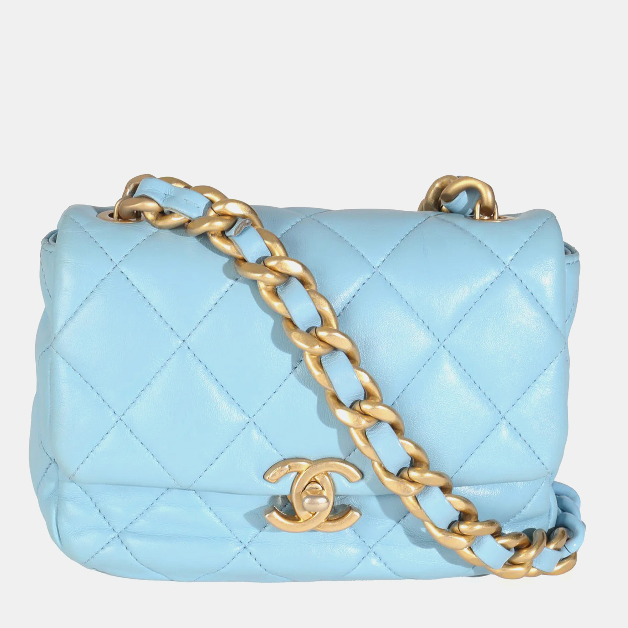 

Chanel Light Blue Quilted Lambskin Mini Lacquered Chain Flap Bag