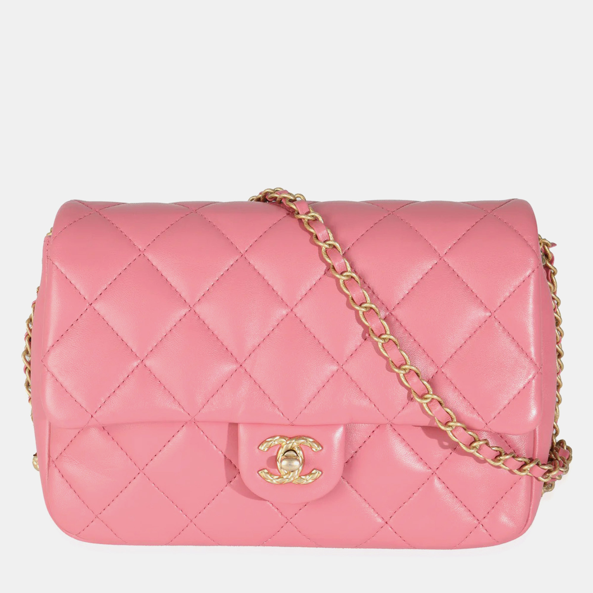 

Chanel Pink Quilted Calfskin Chain Around Mini Square Flap Bag