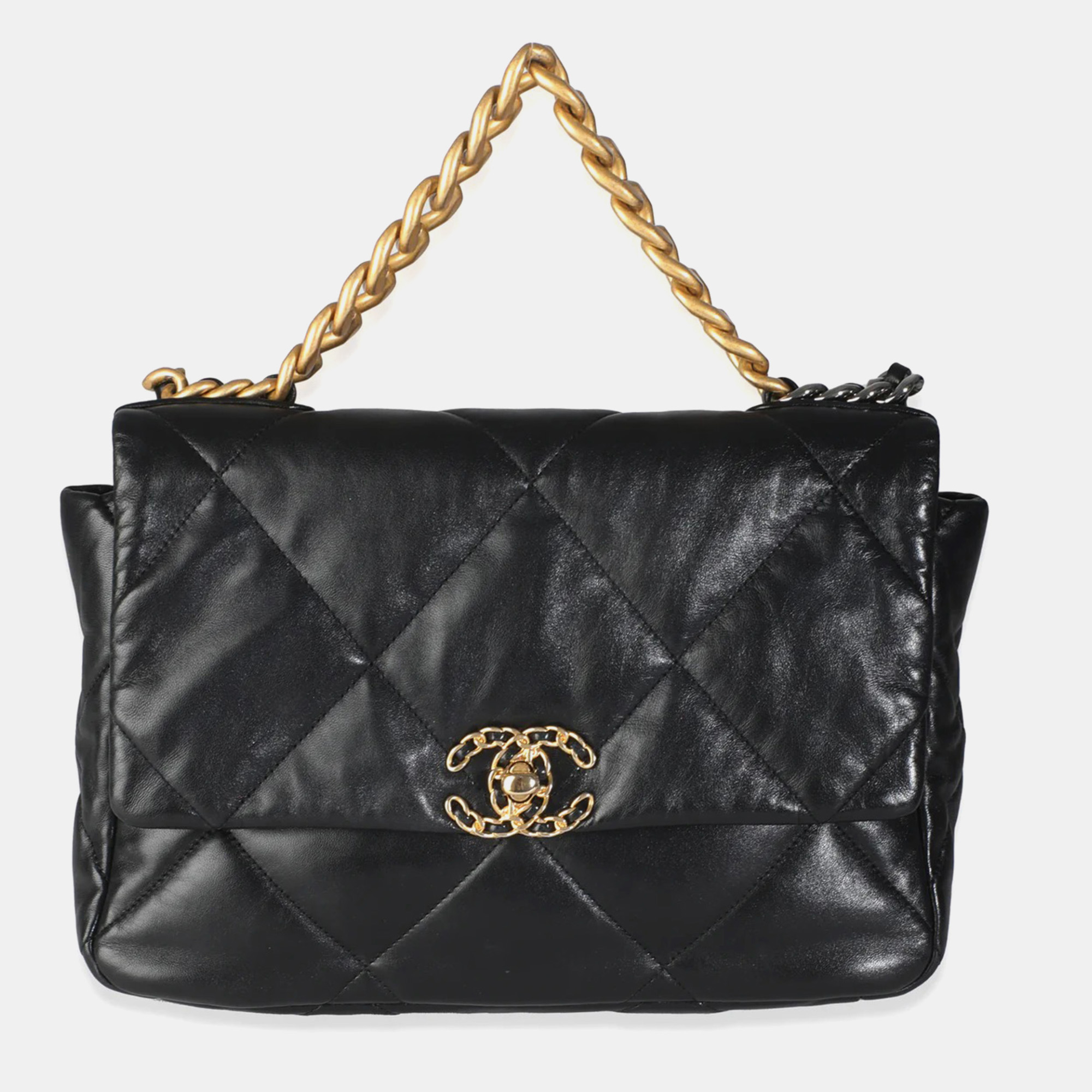 

Chanel Black Shiny Lambskin Large Chanel 19 Flap Bag