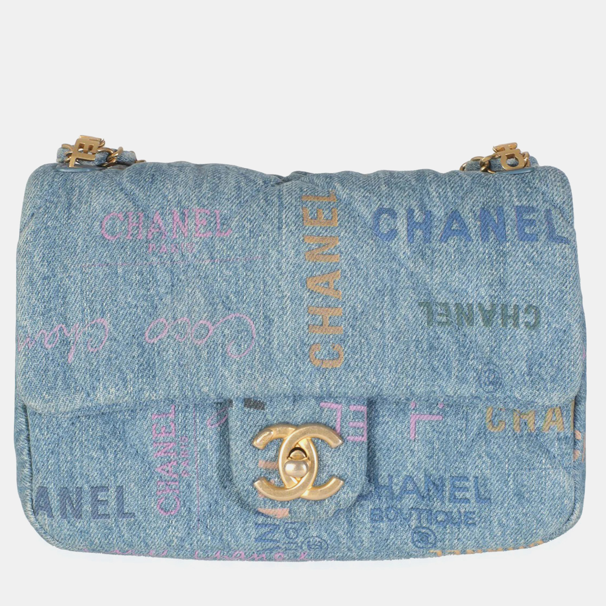 

Chanel Blue Quilted Denim Printed Small Mood Flap Bag