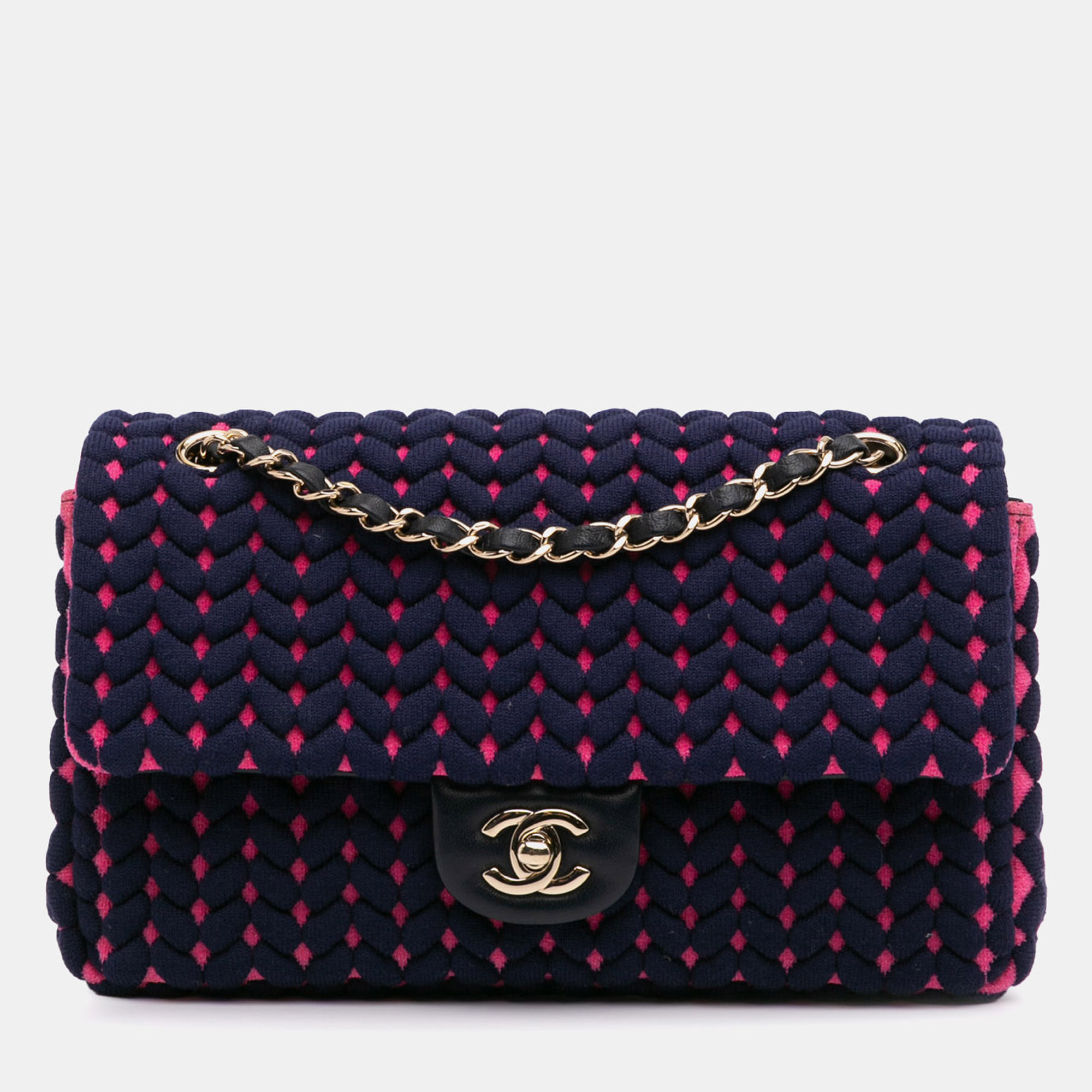 

Chanel Navy Blue/Pink Medium Classic Woven Jersey Single Flap