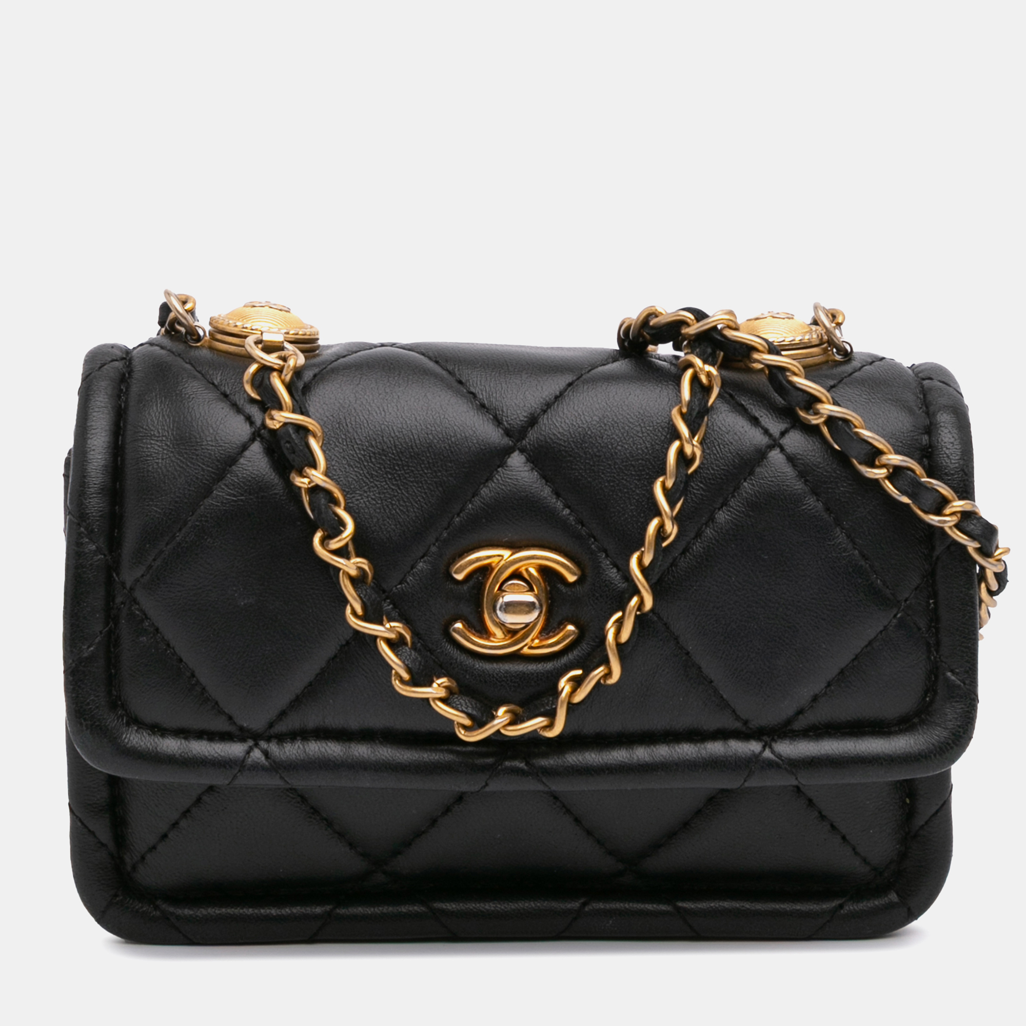 

Channel Black Mini Lambskin Button On Top Flap