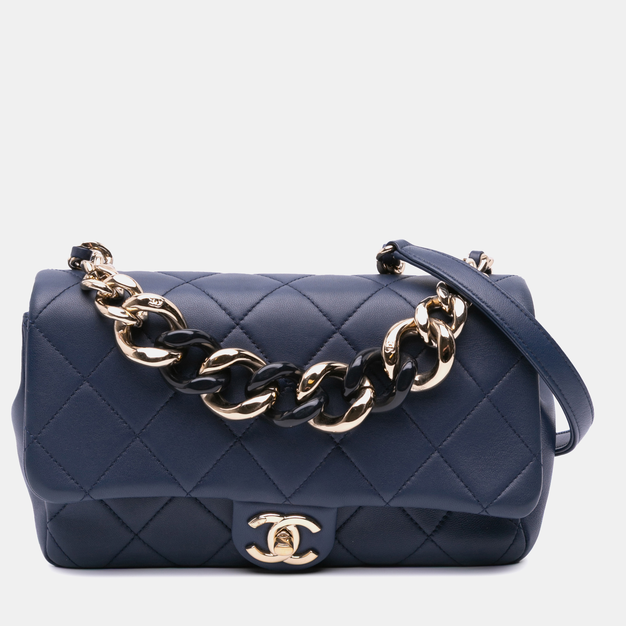 

Chanel Blue Small Lambskin Elegant Chain Single Flap