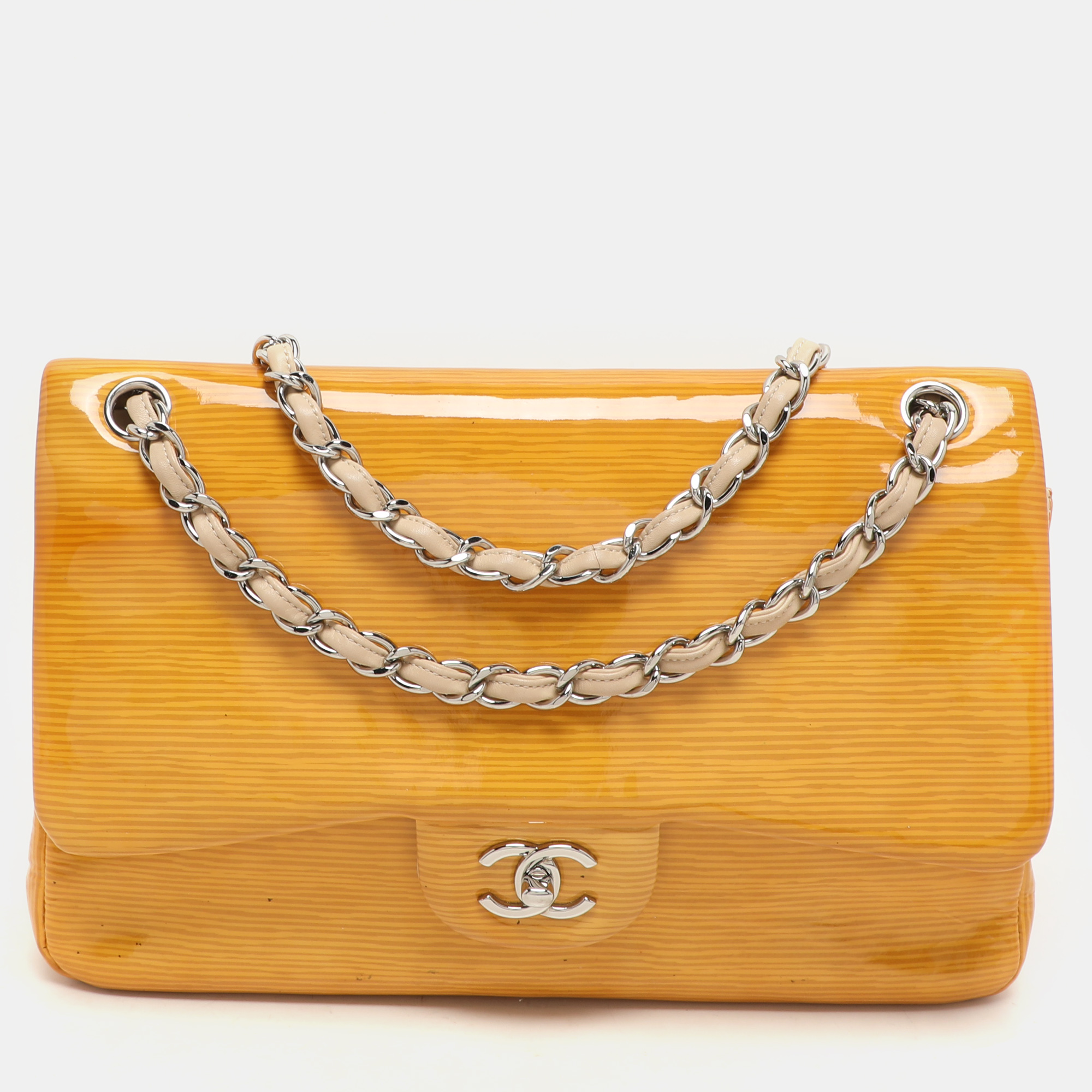 

Chanel Yellow Striped Patent Leather Jumbo Classic Double Flap Bag