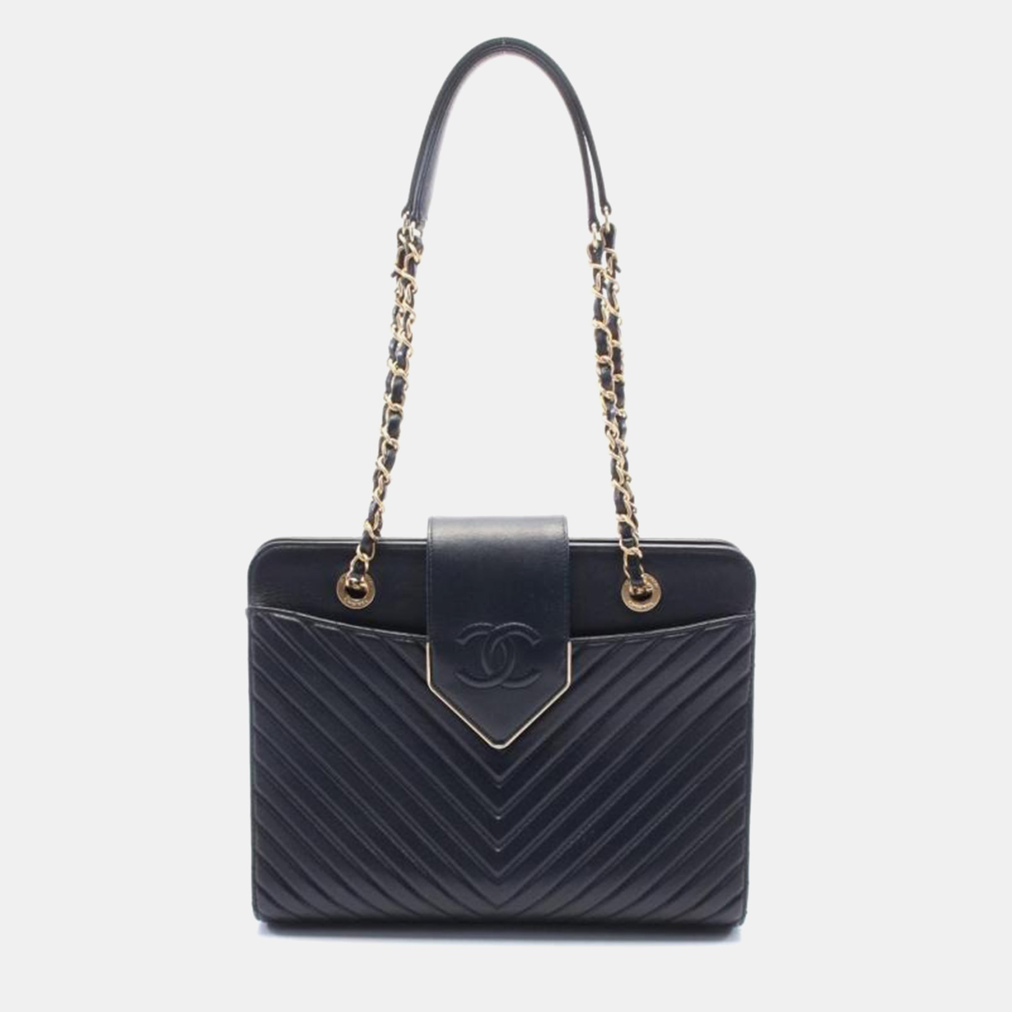 

Chanel Navy Chevron Leather V-Stitch Tote Bag, Navy blue