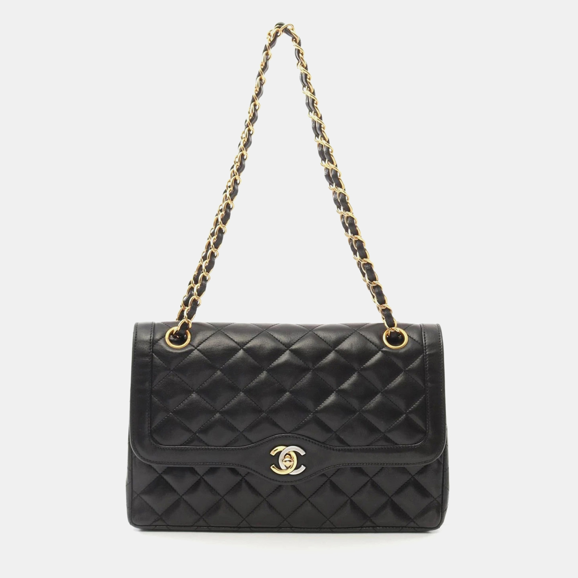 

Chanel Matelasse W Flap Chain Shoulder Hand Bag Lambskin Black