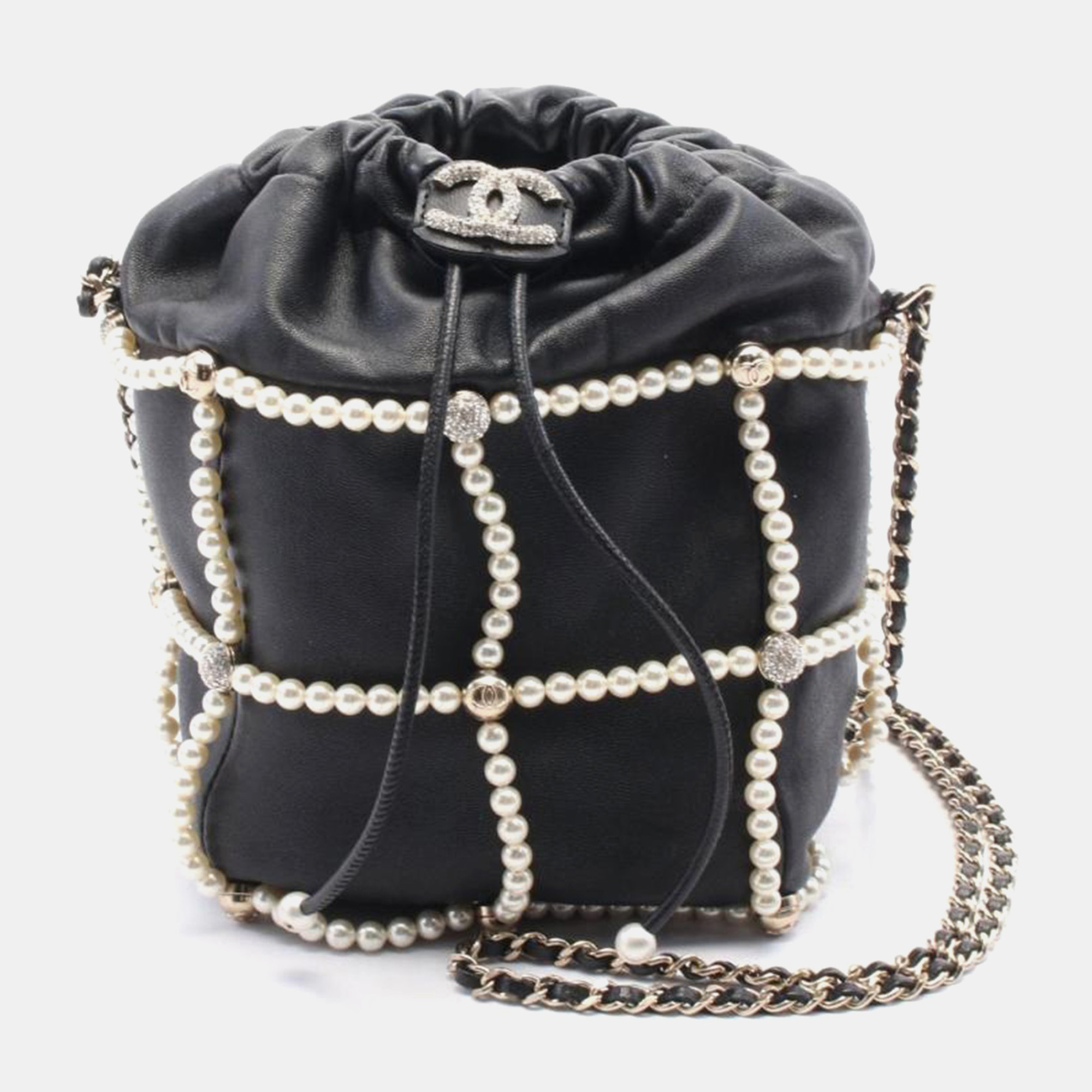 

Chanel Black Leather Pearl Chain Bucket Bag