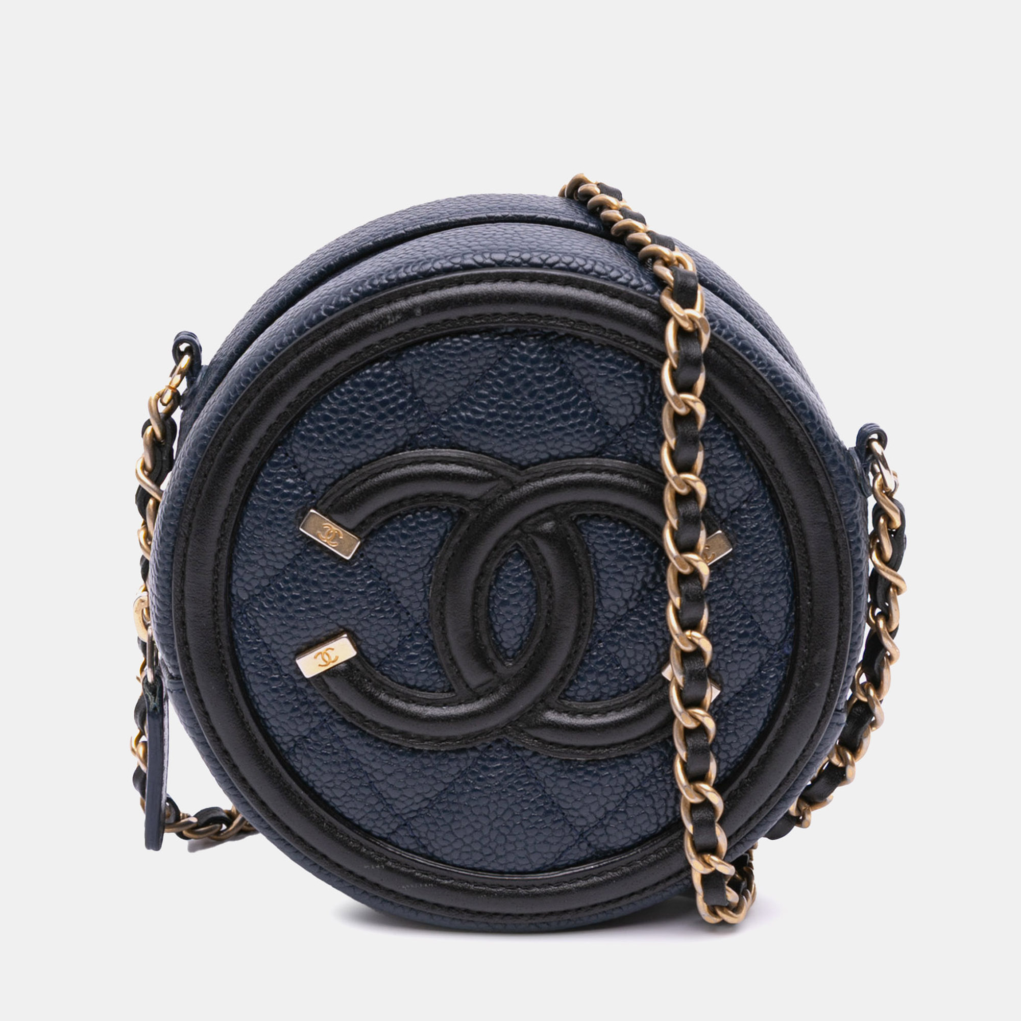 

Chanel Black Navy Blue Caviar CC Filigree Round Crossbody Bag
