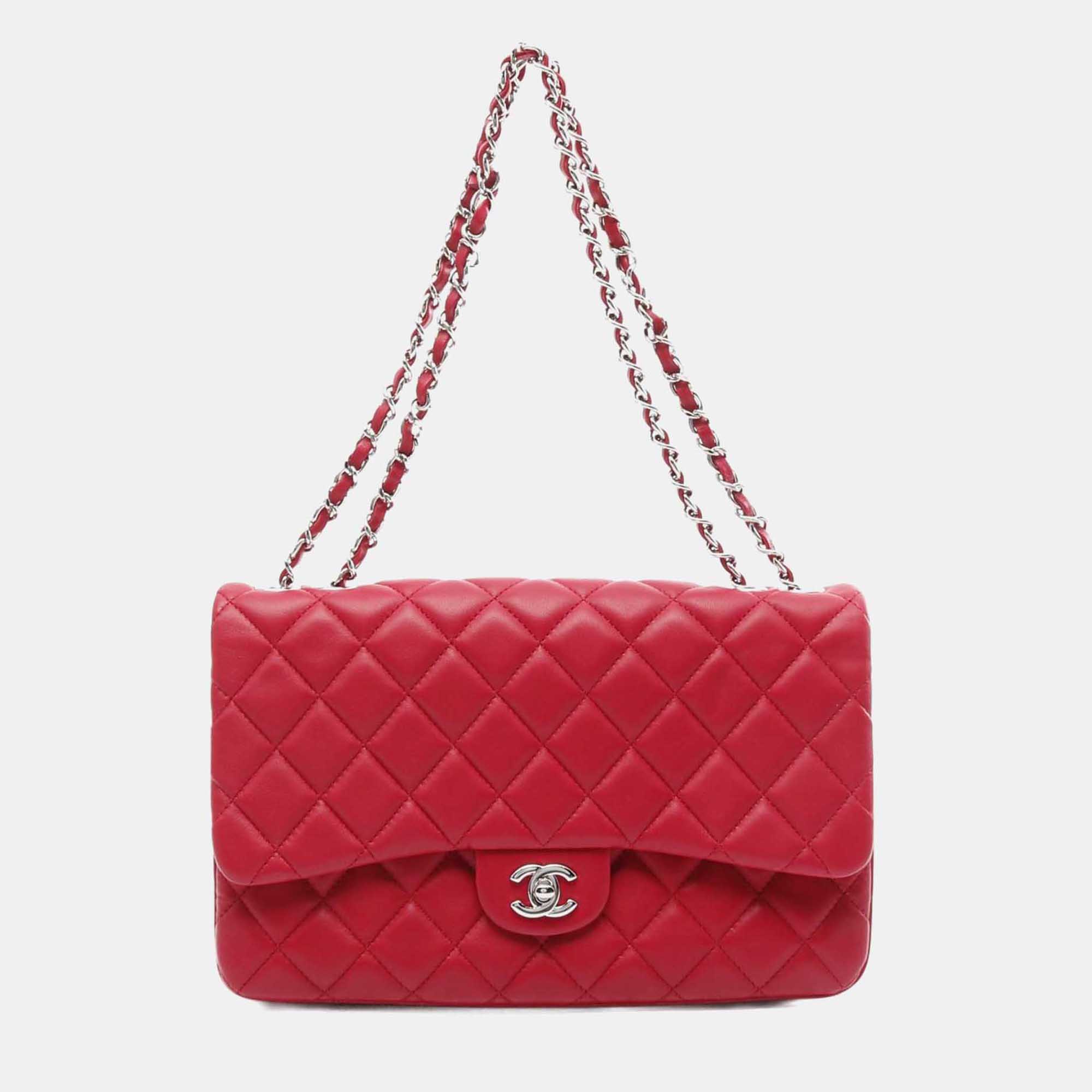 

Chanel Red Jumbo Quilted Lambskin 3 Accordion Flap