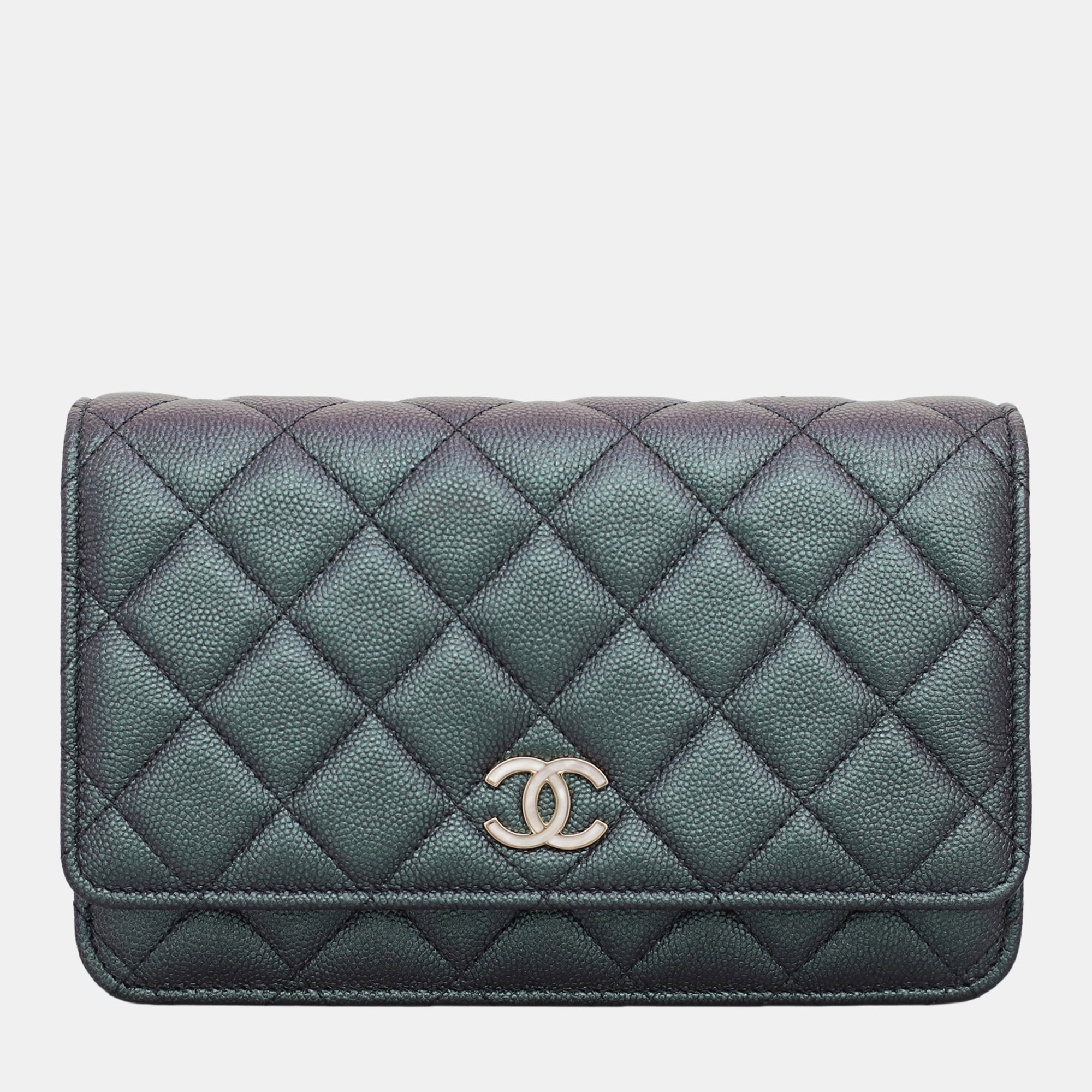 

Iridescent Caviar Quilted Wallet On Chain WOC, Green