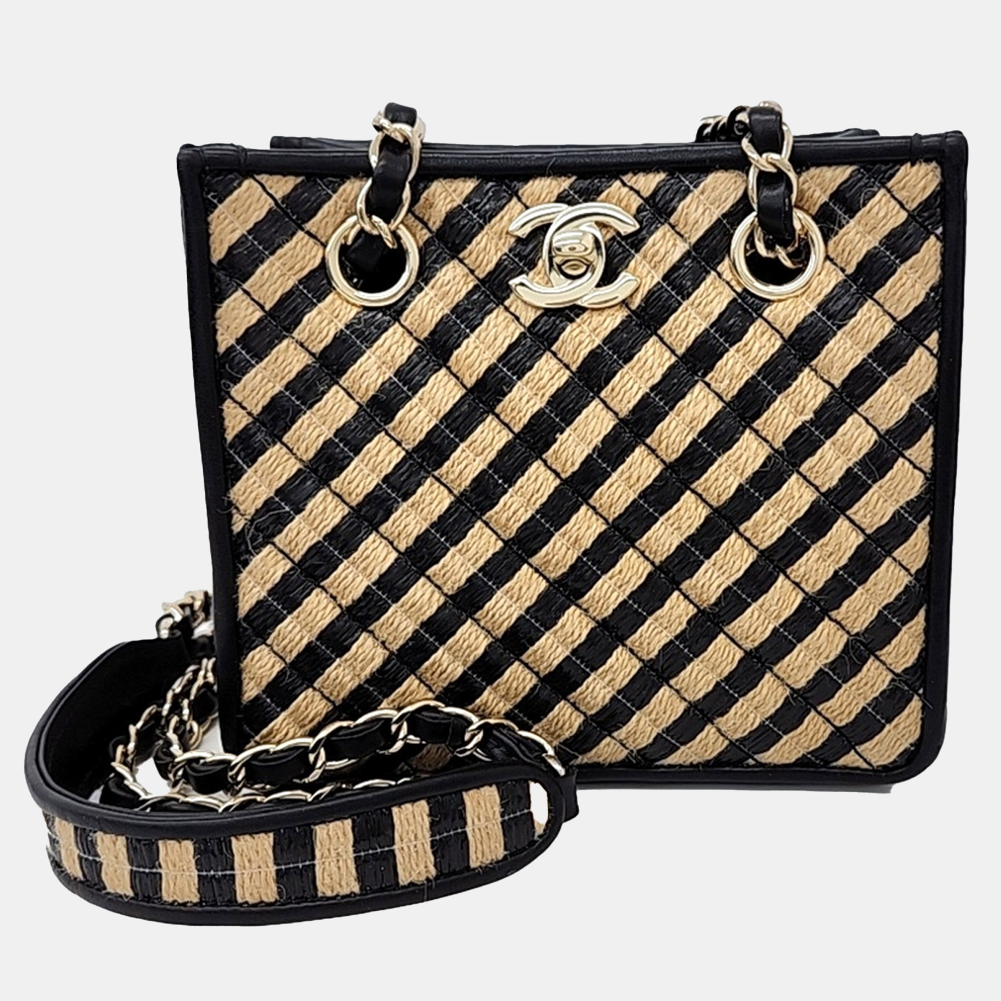 

Chanel Beige Black Raffia mini bucket bag