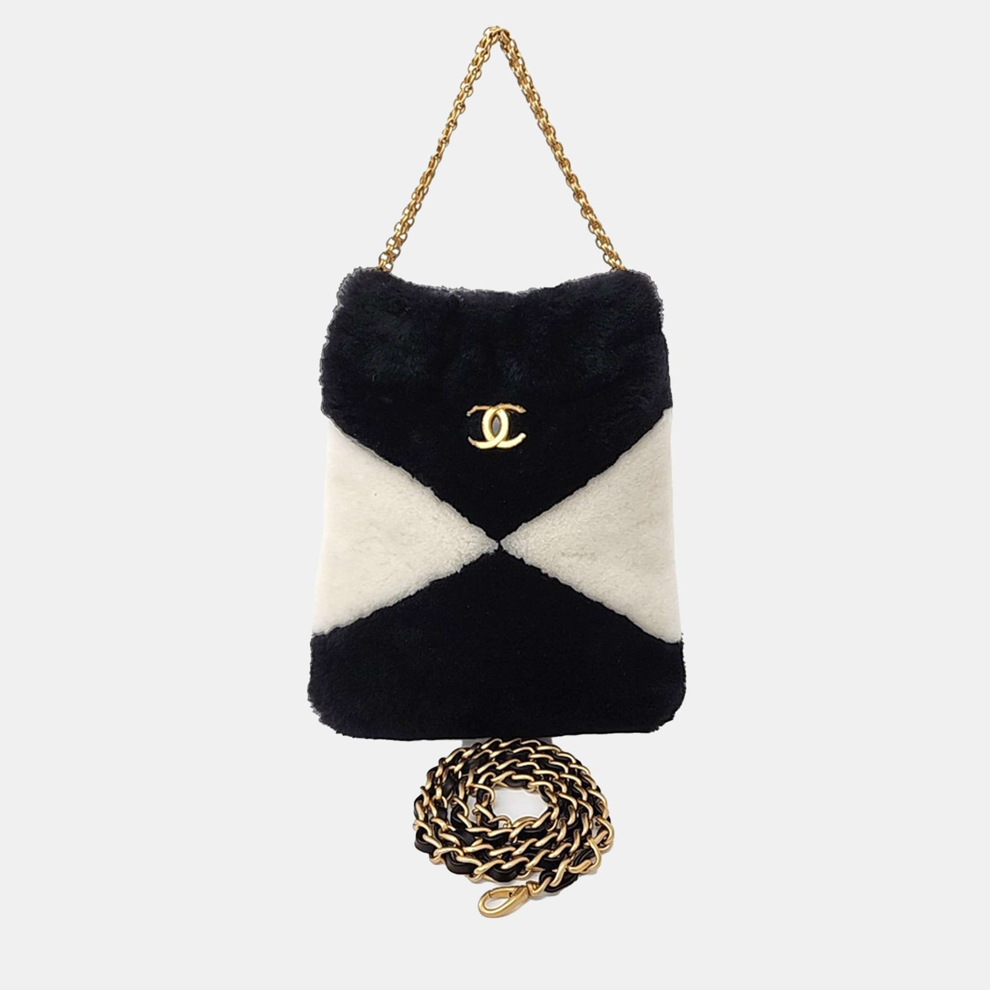 

Chanel Beige Black Fur shearling tote and shoulder bag