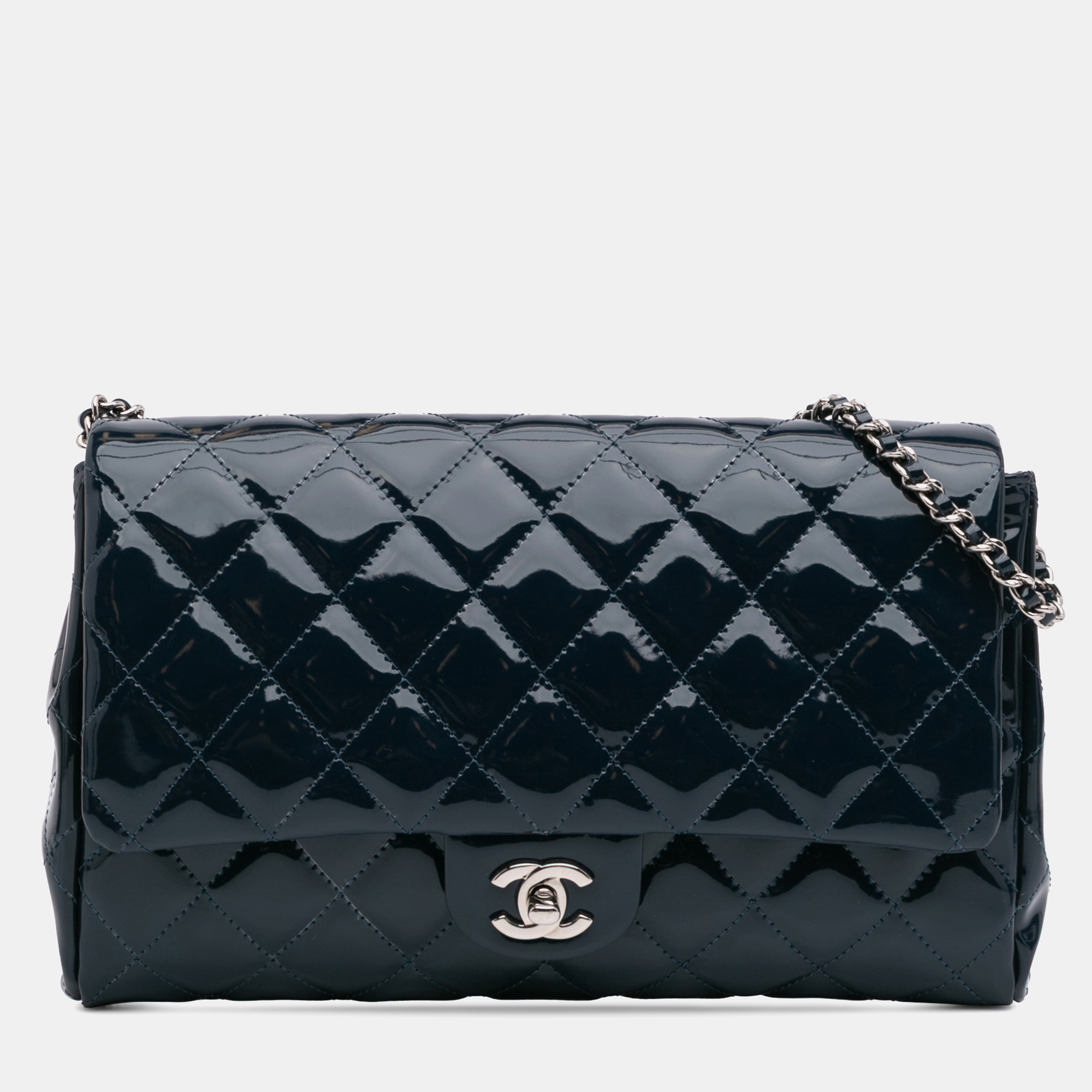 

Chanel Navy Blue CC Quilted Patent Clutch With Chain