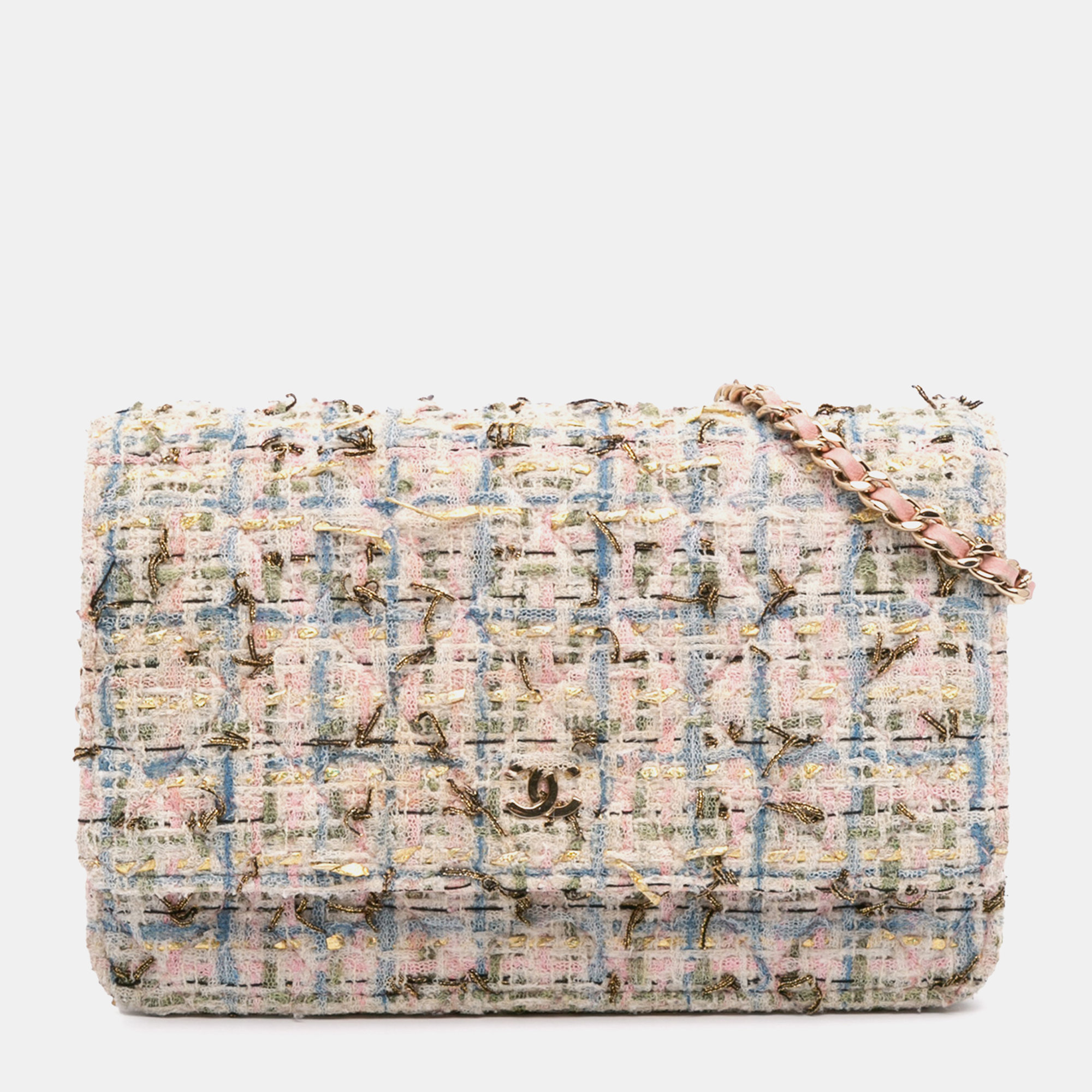 

Chanel Pink Quilted Boucle Tweed Charm Wallet On Chain