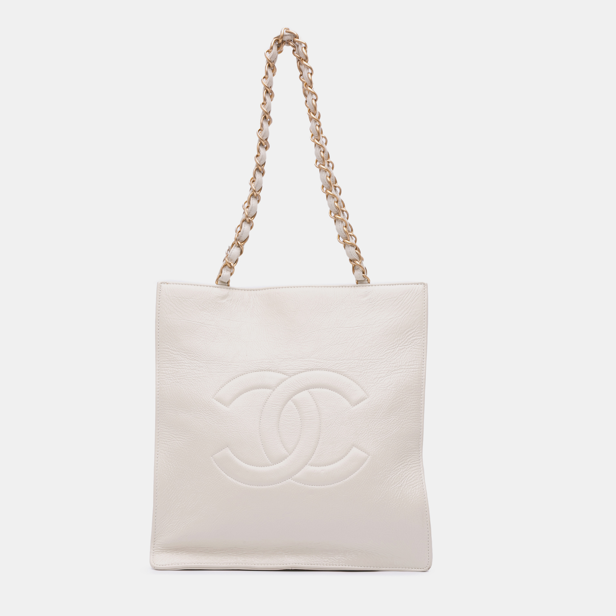 

Chanel White Shiny Aged Calfskin North South Shopping Tote