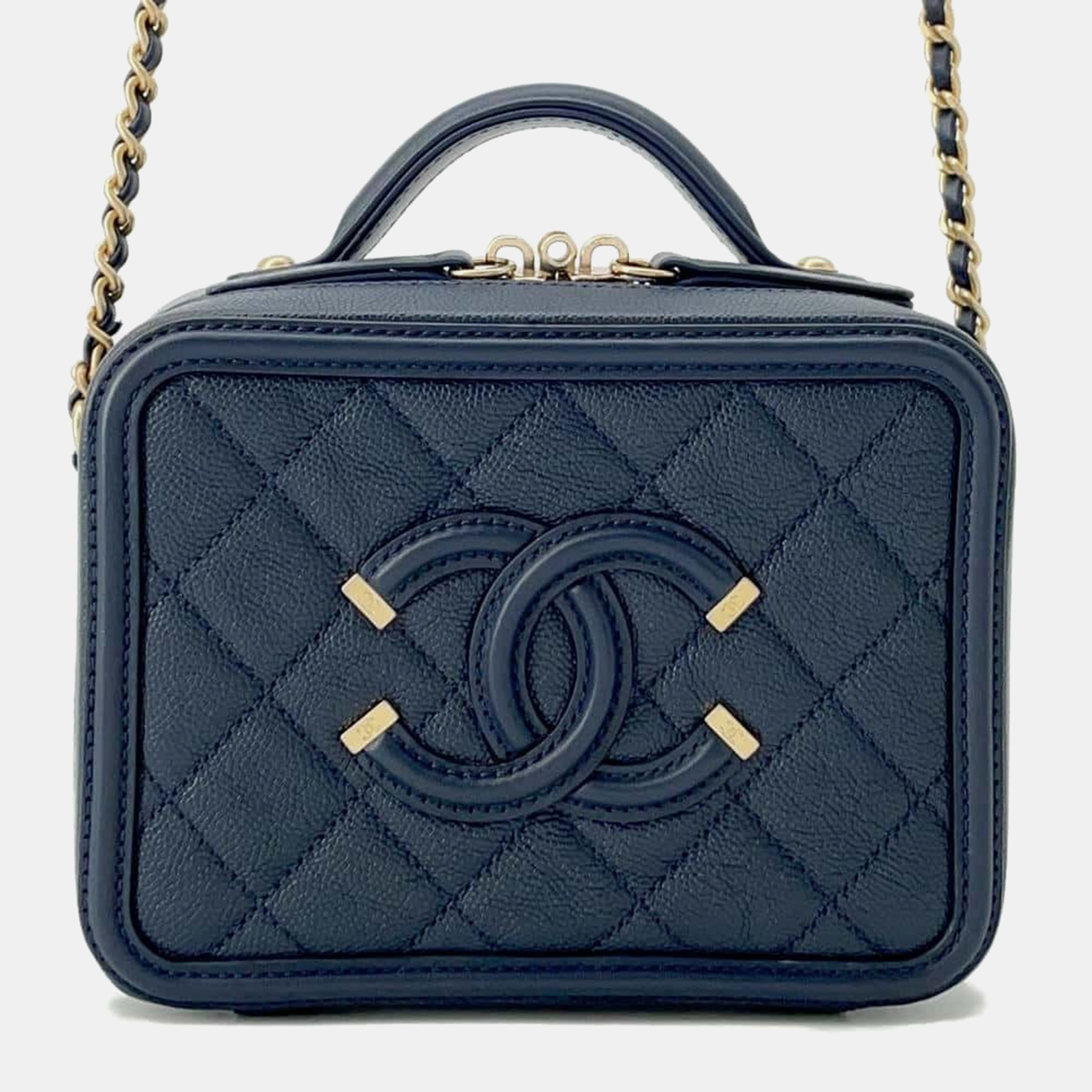 

Chanel Navy Caviar Leather CC Filigree Chain Vanity Bag, Navy blue