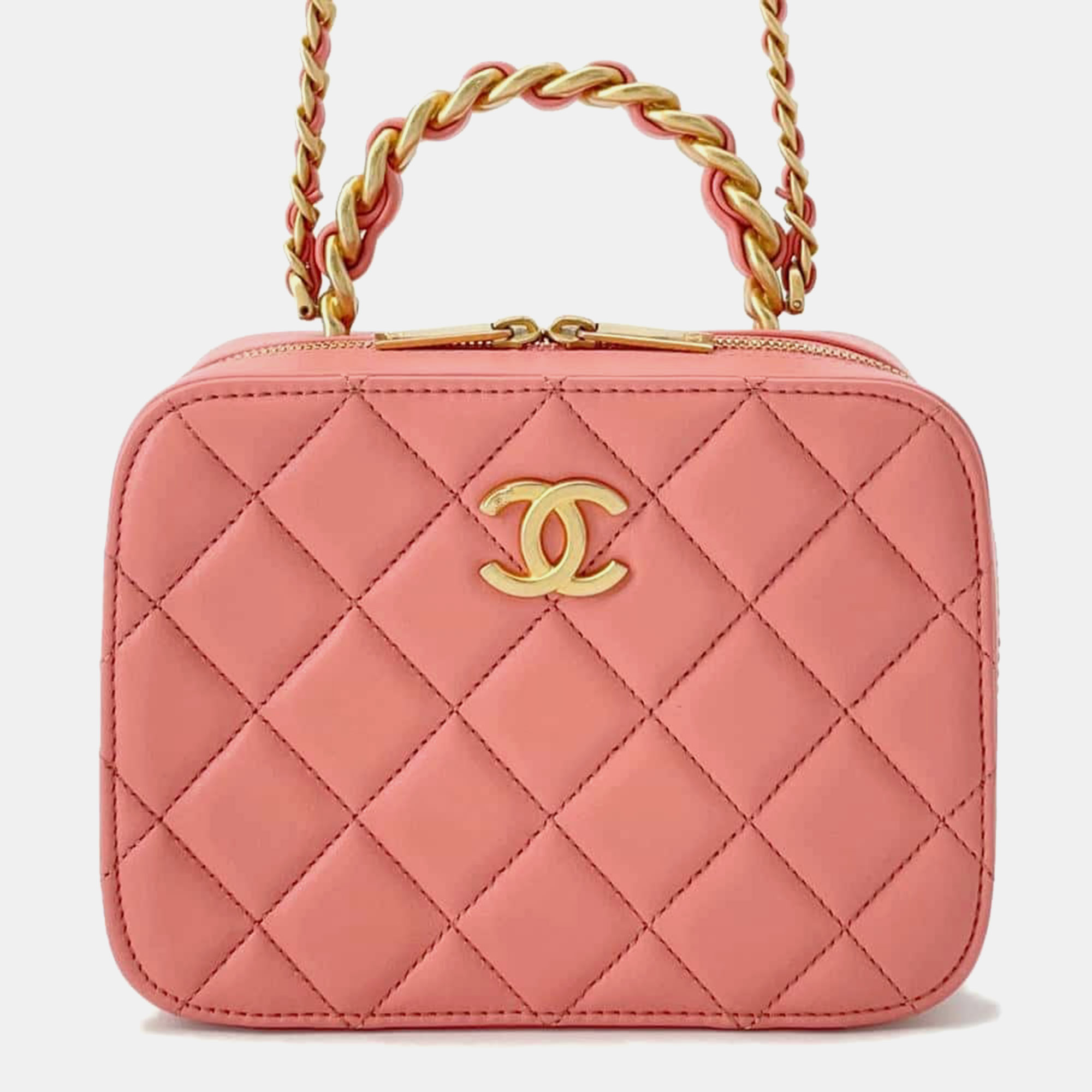 

Chanel Pink Lambskin Leather Matelasse Chain Vanity Bag