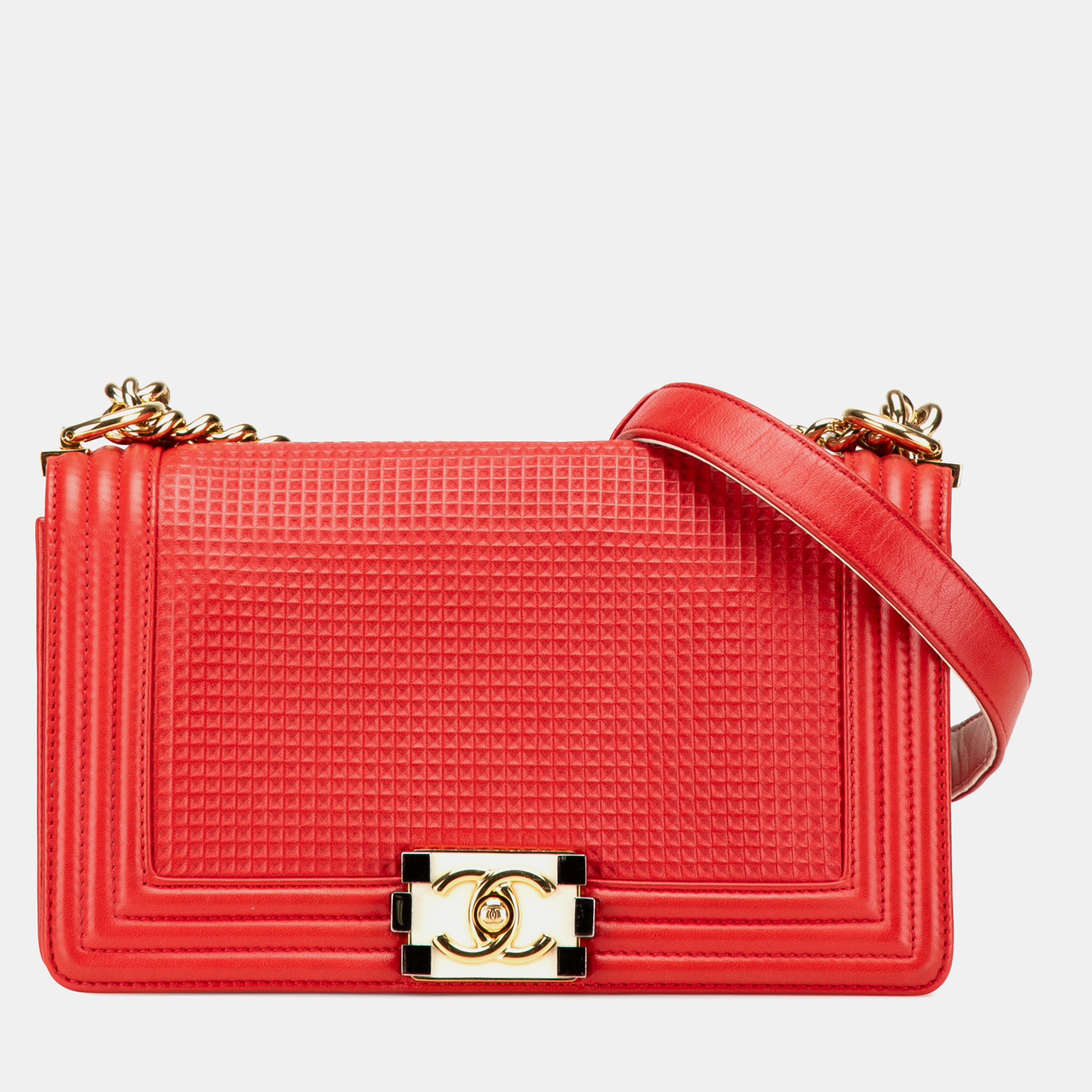 

Chanel Red Old Medium Lambskin Embossed Cube Boy Flap
