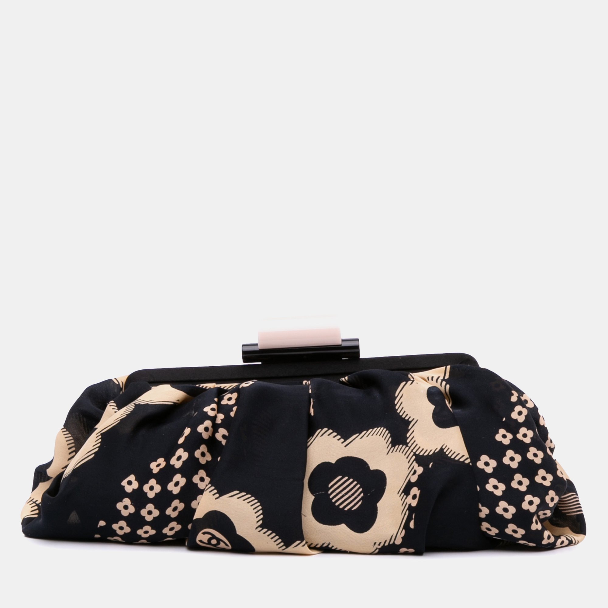 

Chanel Black Brown CC Silk Camellia Frame Clutch