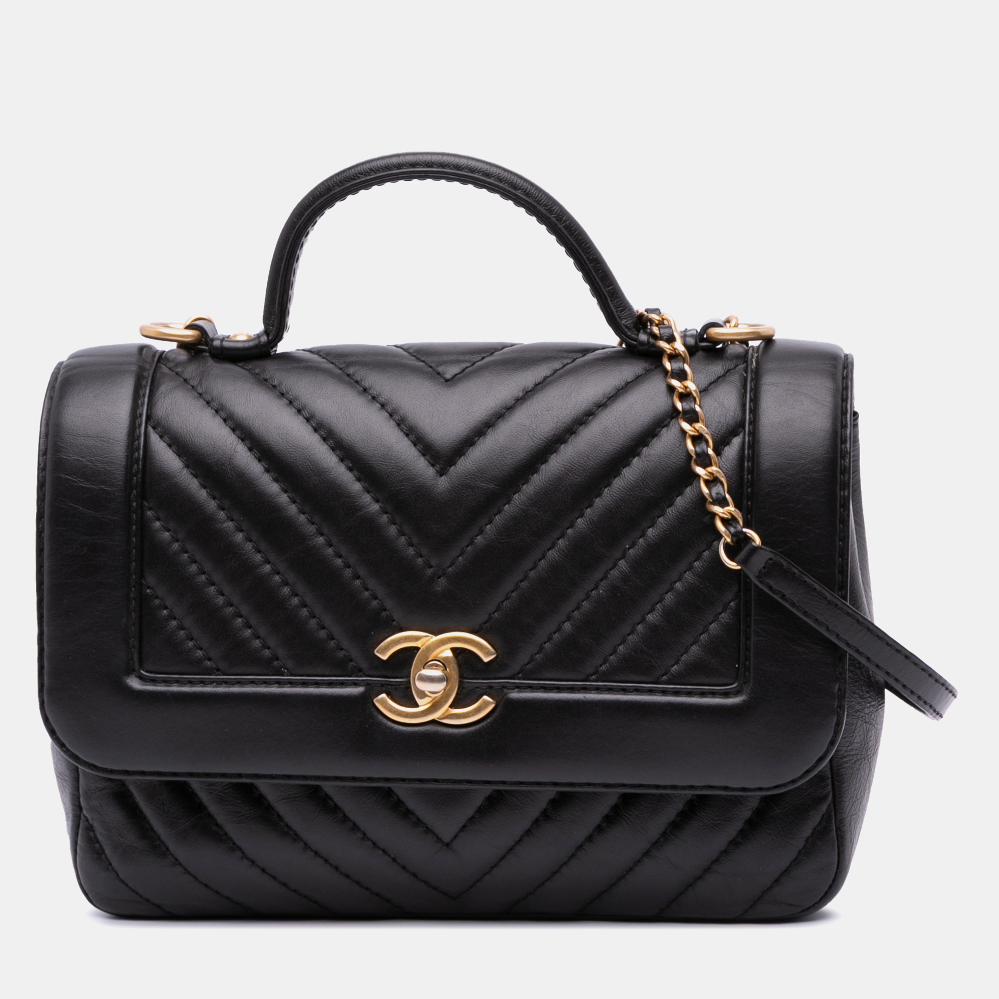 

Chanel Black Quilted Chevron Calfskin Top Handle Flap