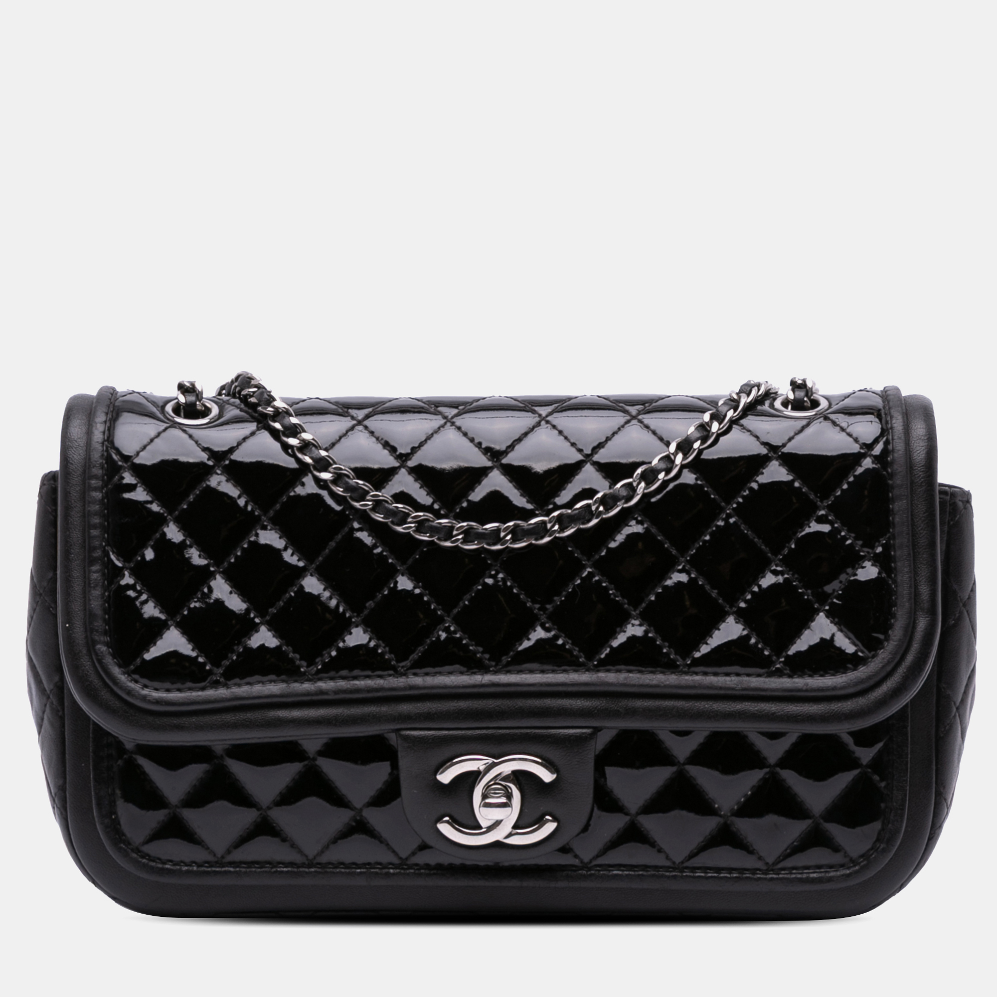 

Chanel Black Medium Quilted Patent and Lambskin Classic Twist Flap