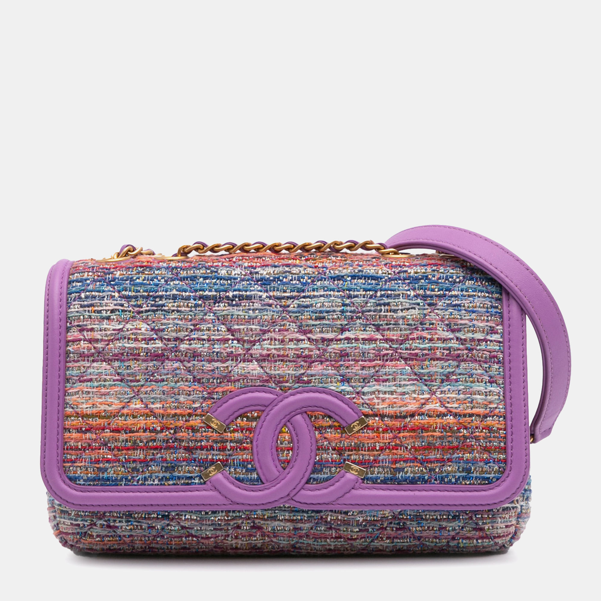 

Chanel Multicolor Purple Medium Tweed CC Filigree Flap