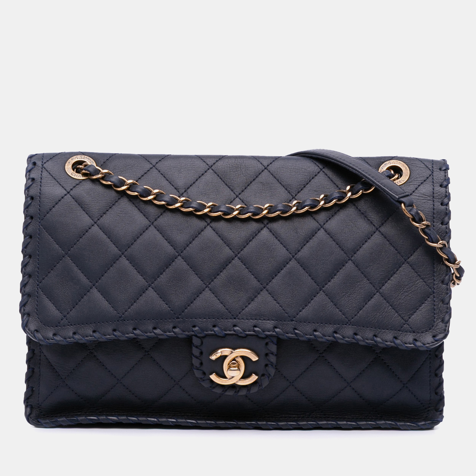 

Chanel Navy Blue Jumbo Quilted Calfskin Happy Stitch Flap