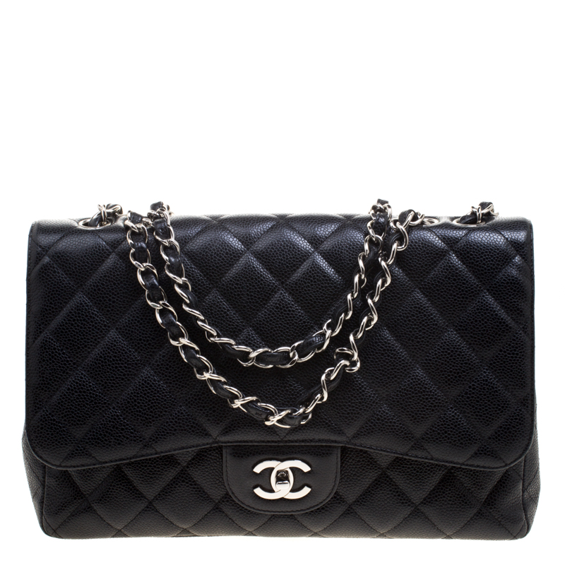 Pre Owned حقيبة شانيل قلاب كلاسيك جامبو جلد كافيار مبطنة سوداء