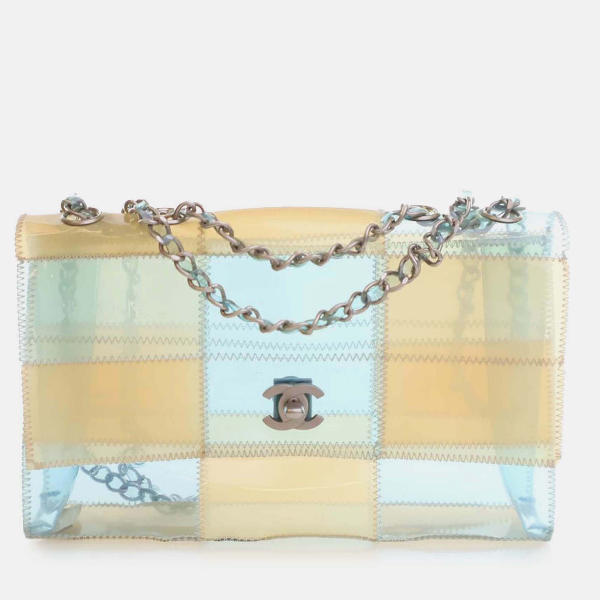 

Chanel Beige/Blue Medium CC PVC Stitched Patchwork Flap