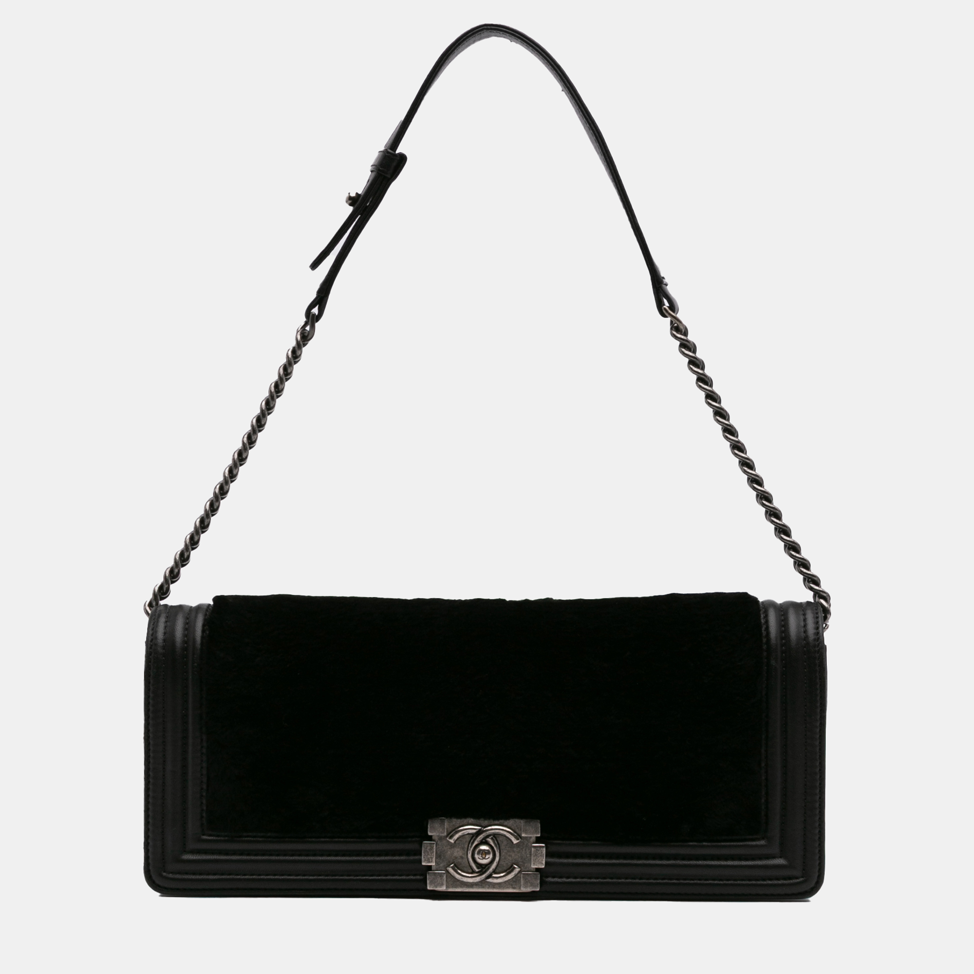 

Chanel Black Shearling East West Boy Flap