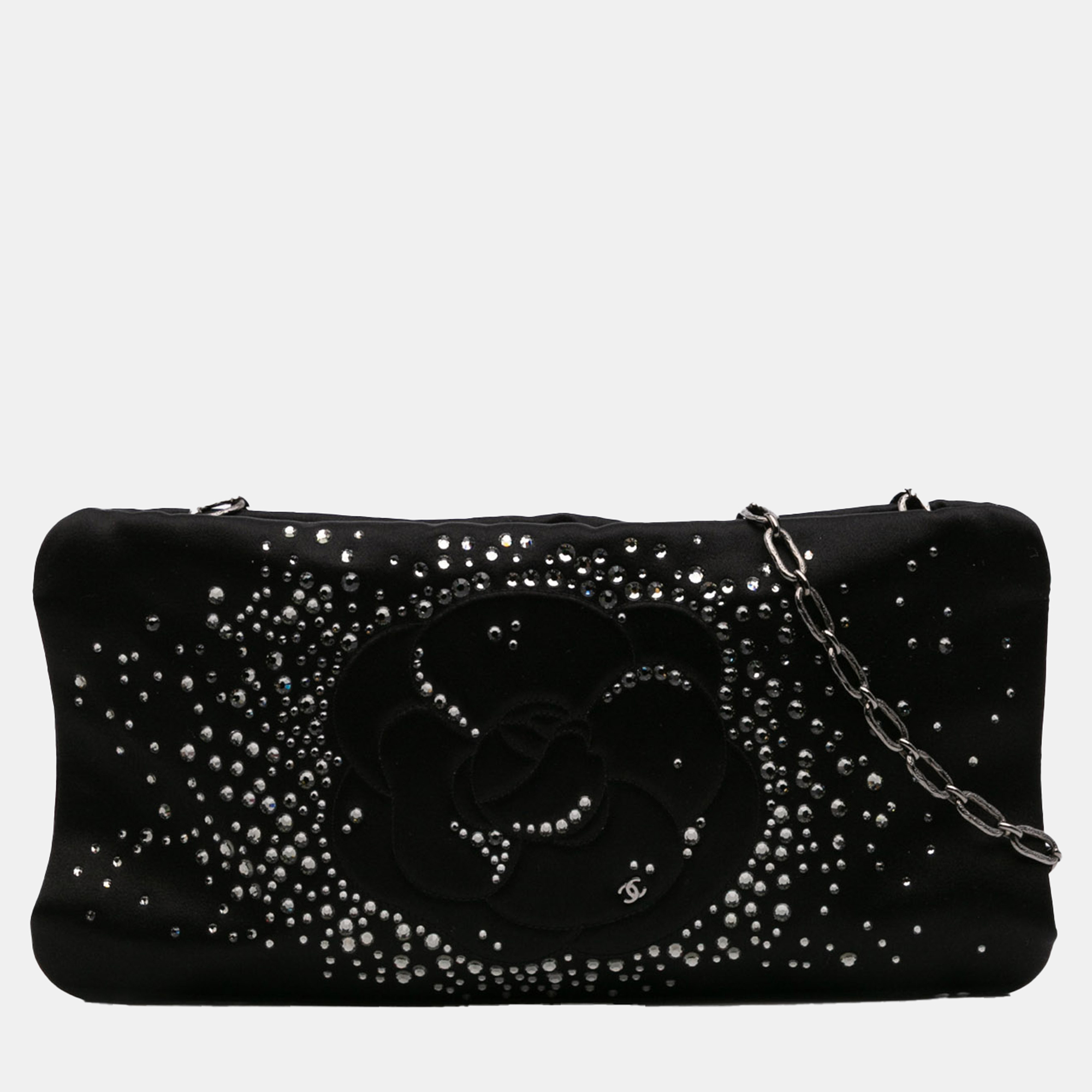 

Chanel Black Satin Diamante Camellia Clutch with Chain