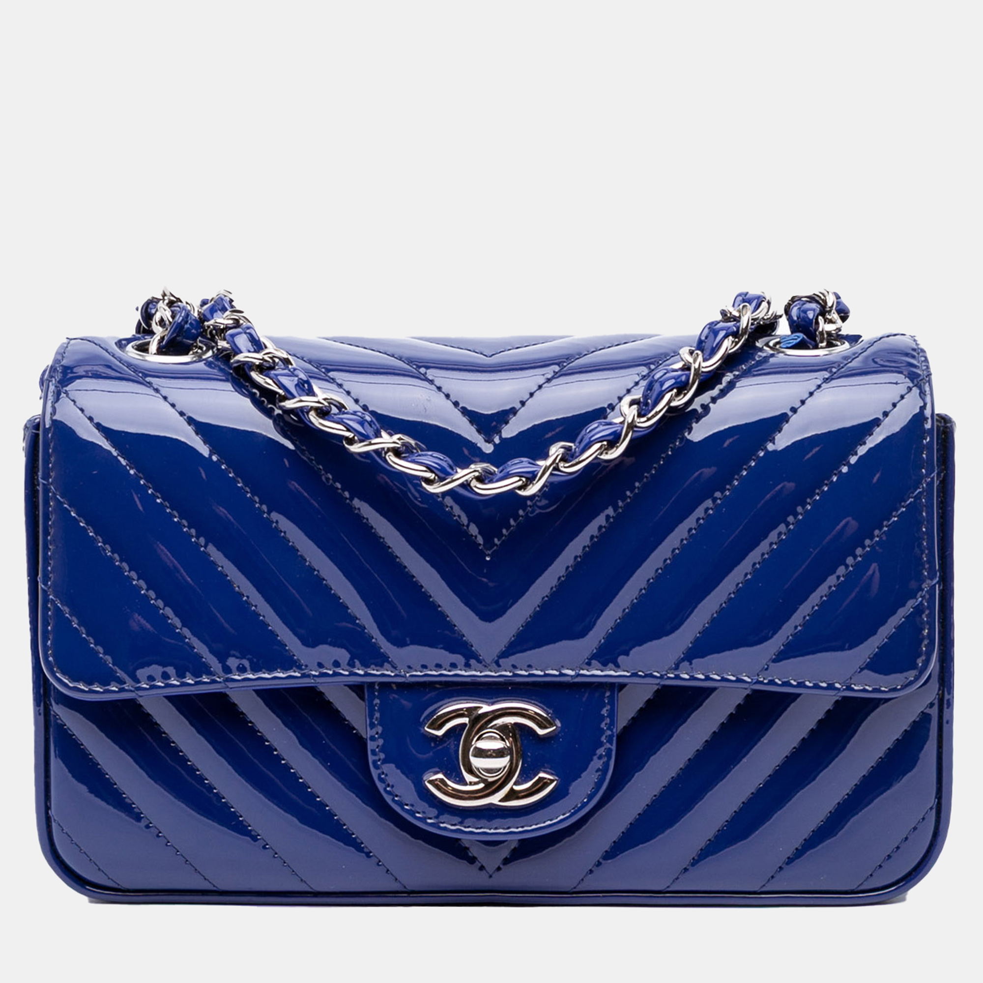 

Chanel Blue Mini Rectangular Classic Chevron Patent Single Flap
