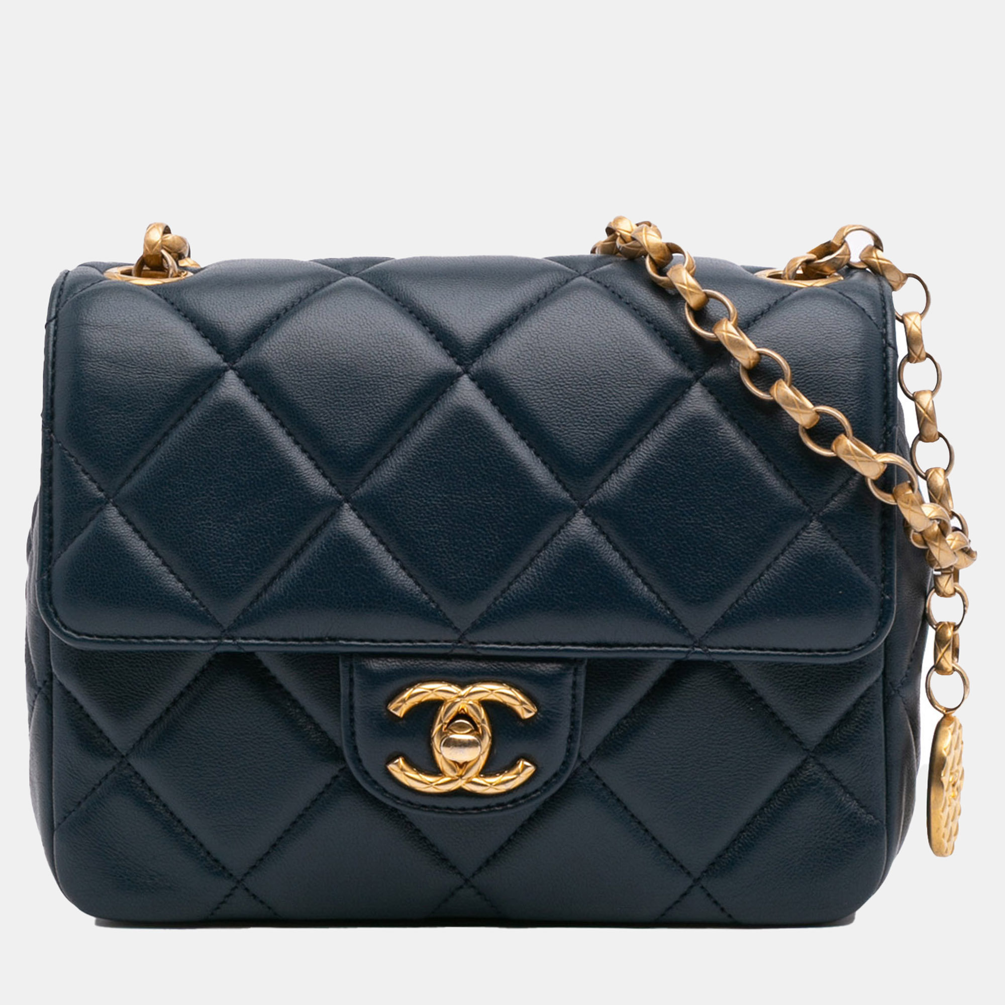 

Chanel Navy Blue Mini Square CC Quilted Lambskin Flap