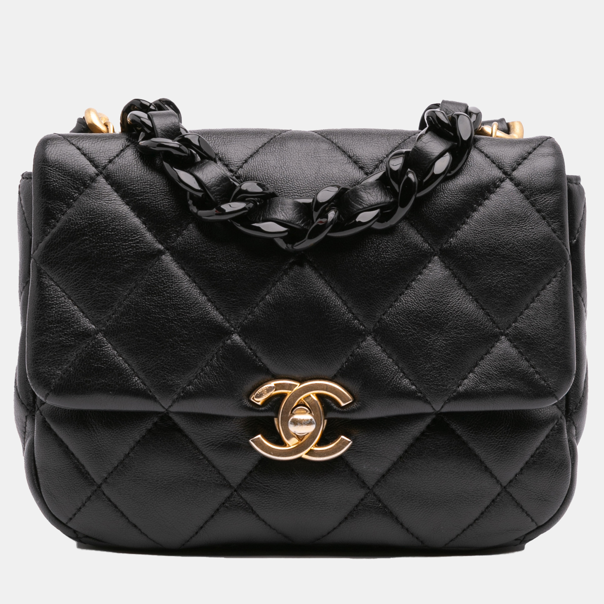 

Chanel Black Mini Quilted Lambskin Lacquered Chain Flap