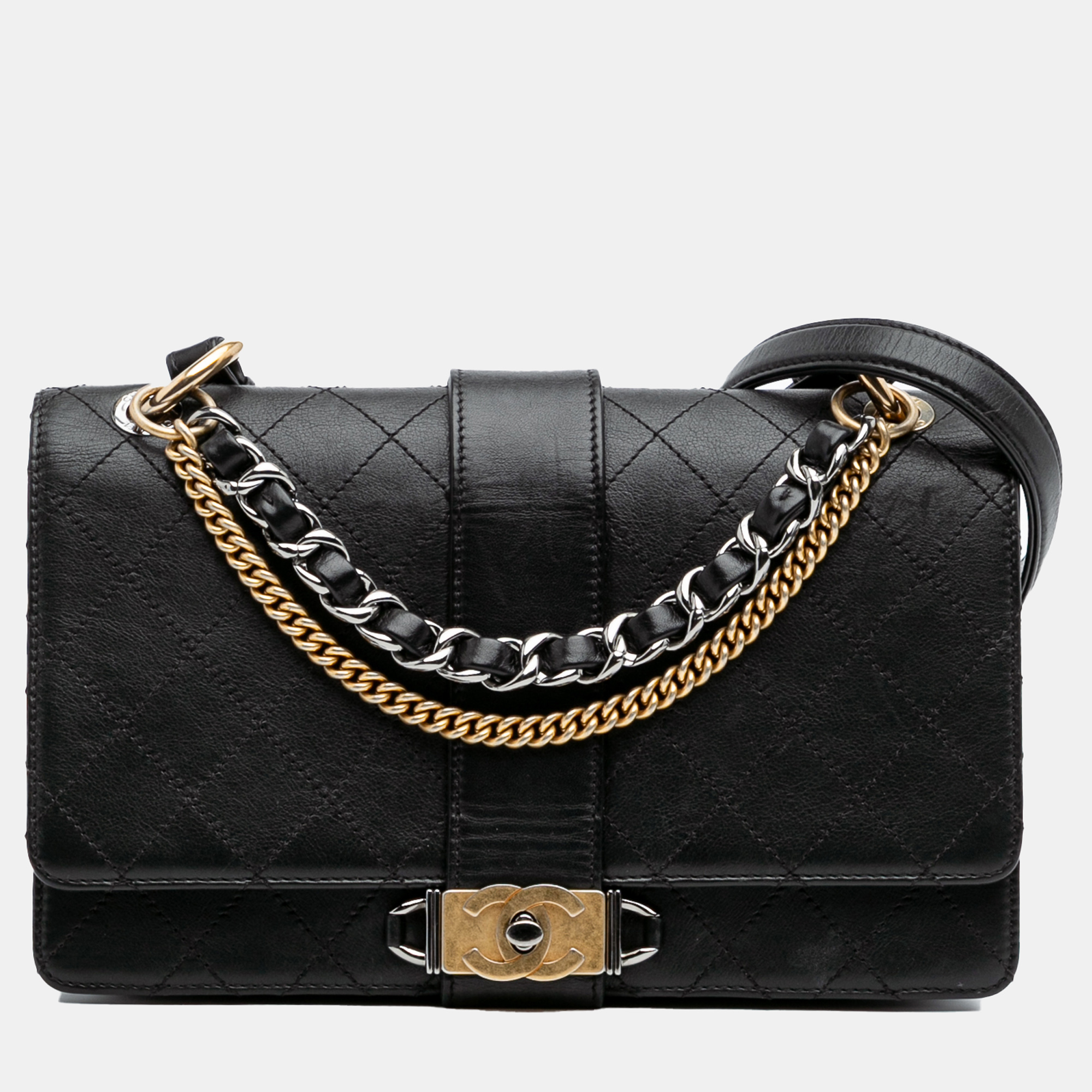 

Chanel Black Quilted Calfskin Double Chain Top Handle Flap