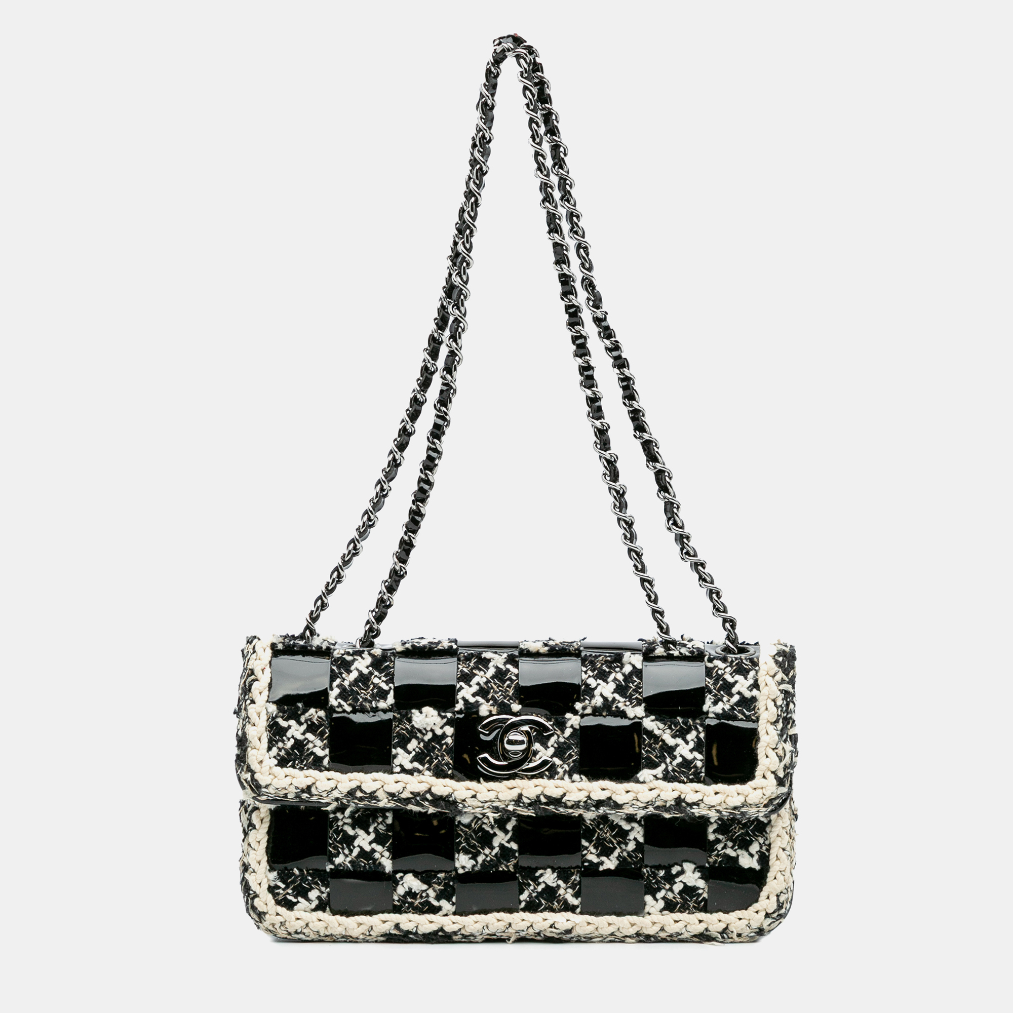 

Chanel Black/White Patent and Tweed Mini Woven Chessboard Single Flap