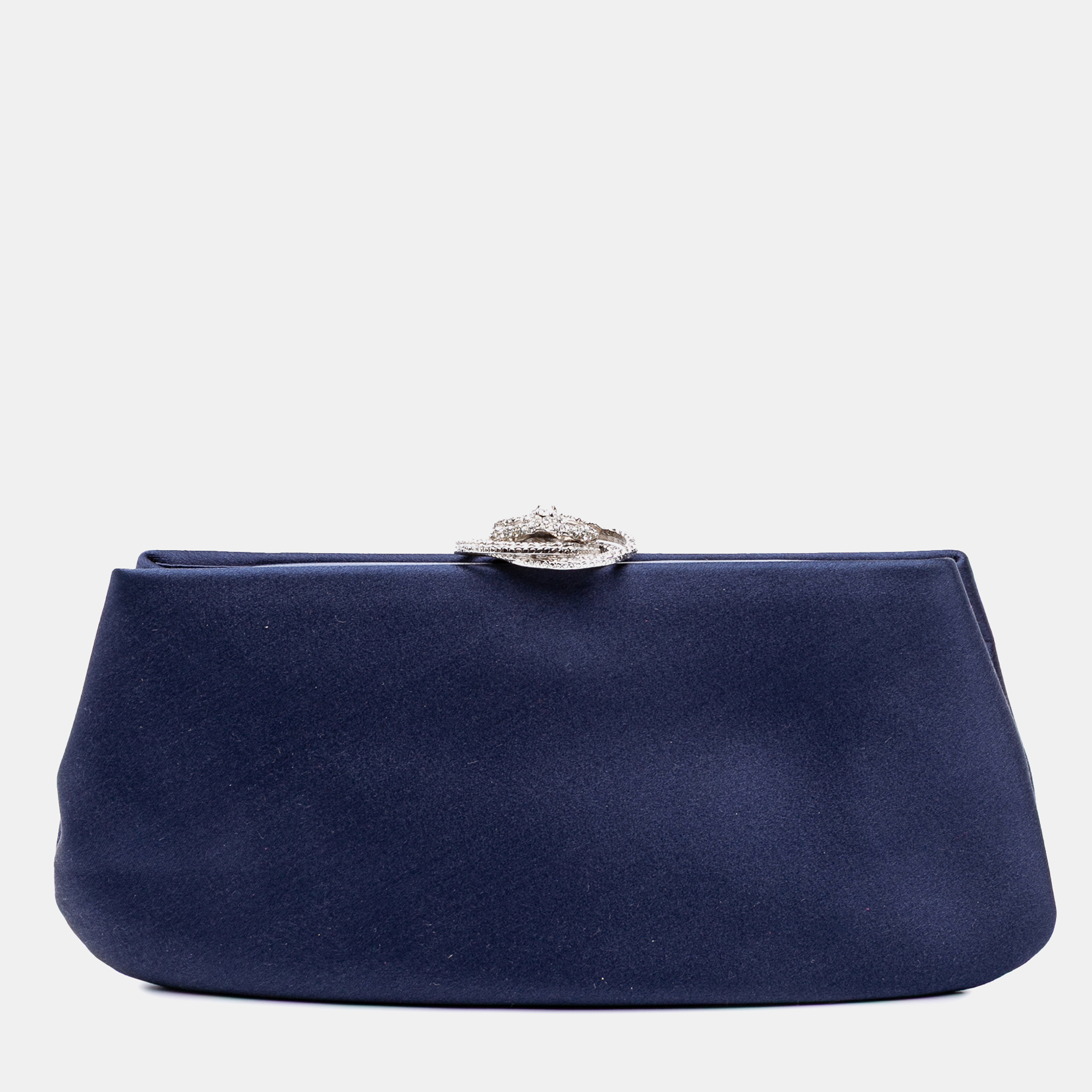 

Chanel Navy Blue Satin Crystal Camellia Evening Frame Clutch