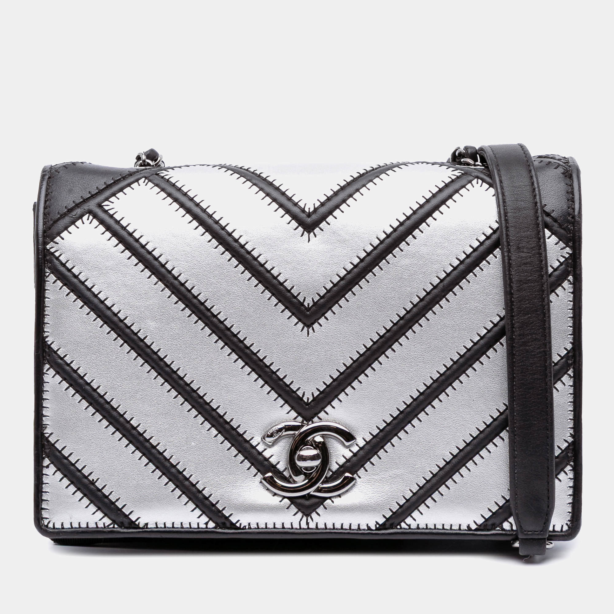 

Chanel Black/Silver Lambskin Small Chevron Couture Flap