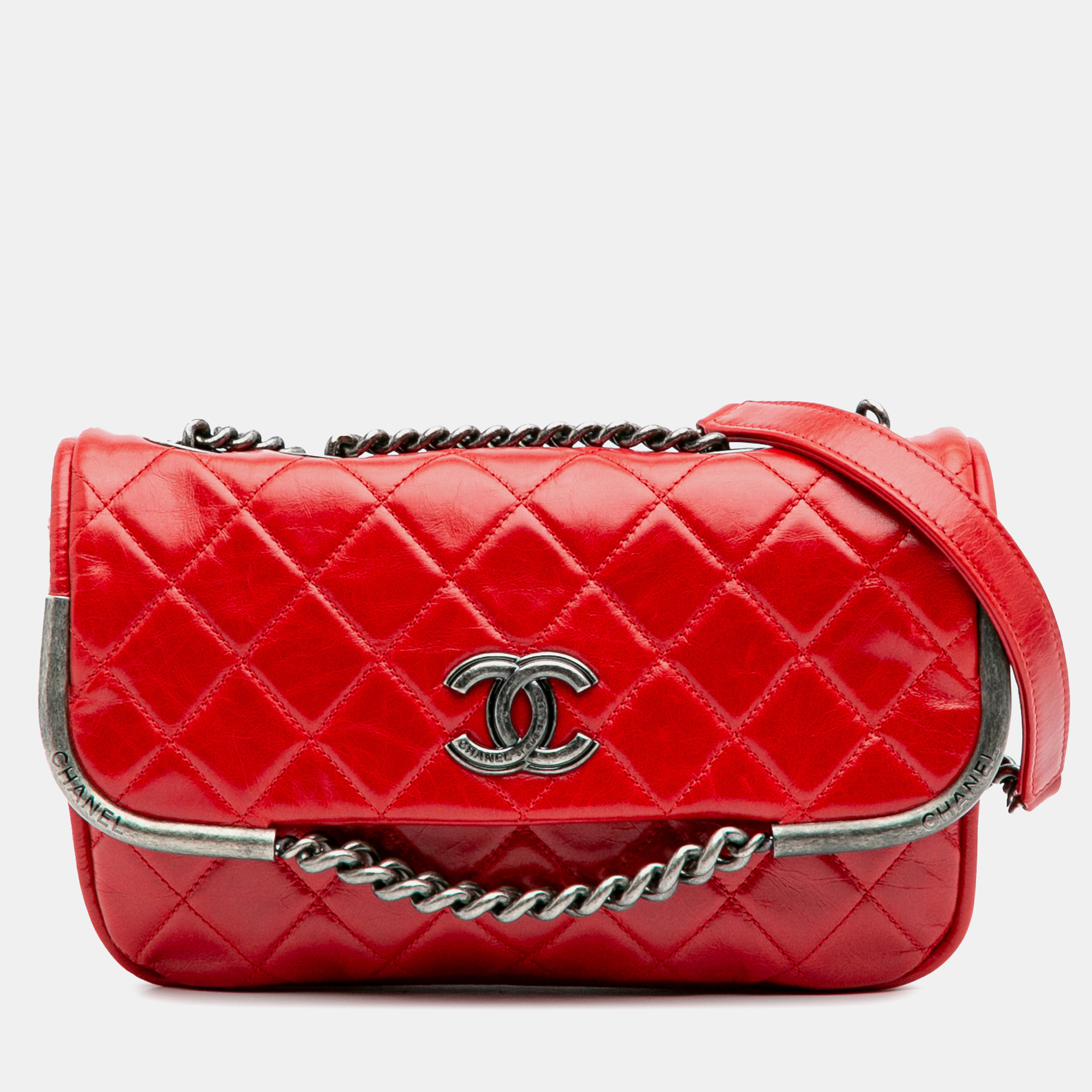 

Chanel Red Calfskin Aged CC Chain Frame Flap