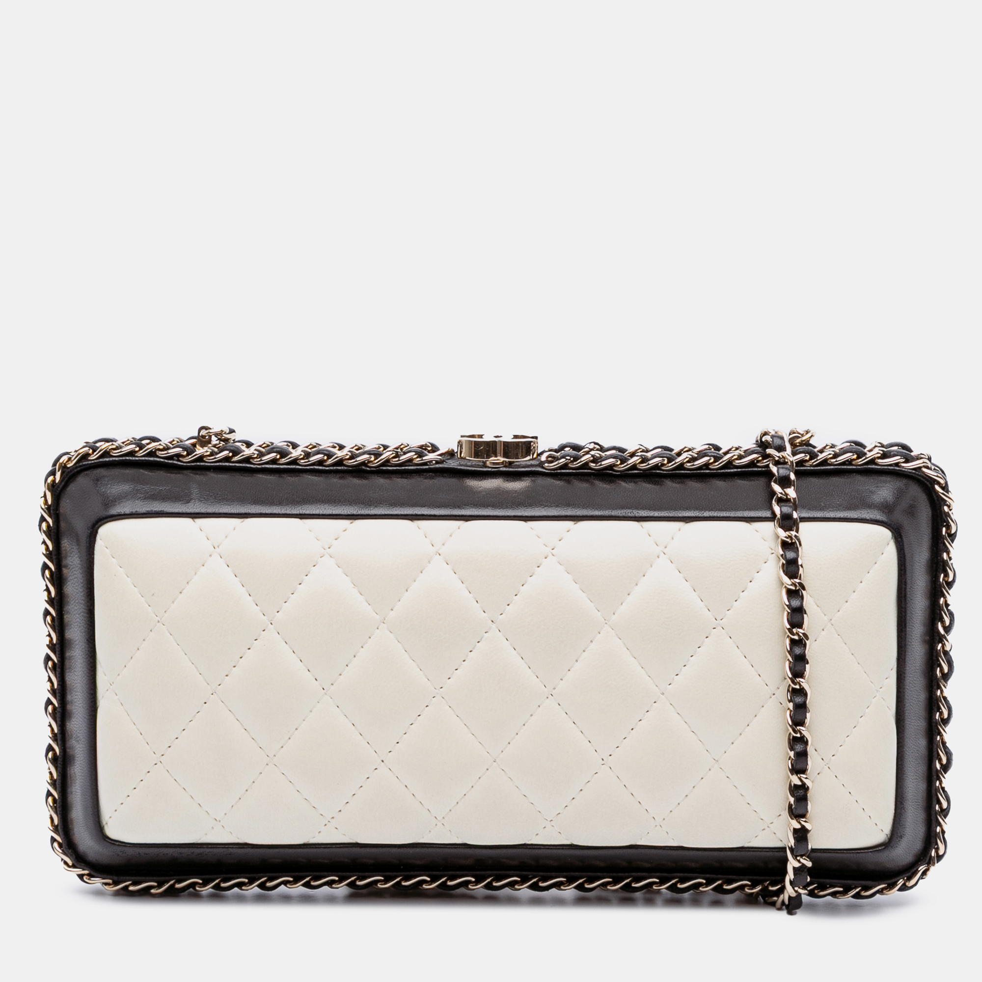 

Chanel Black/White Lambskin Quilted Chain Around Clutch