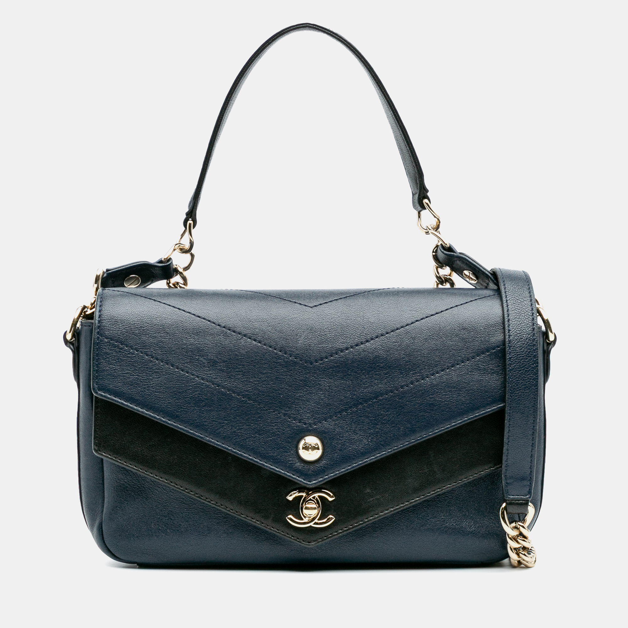 

Chanel Navy Blue Quilted Sheepskin Double Chevron Mini Flap Bag
