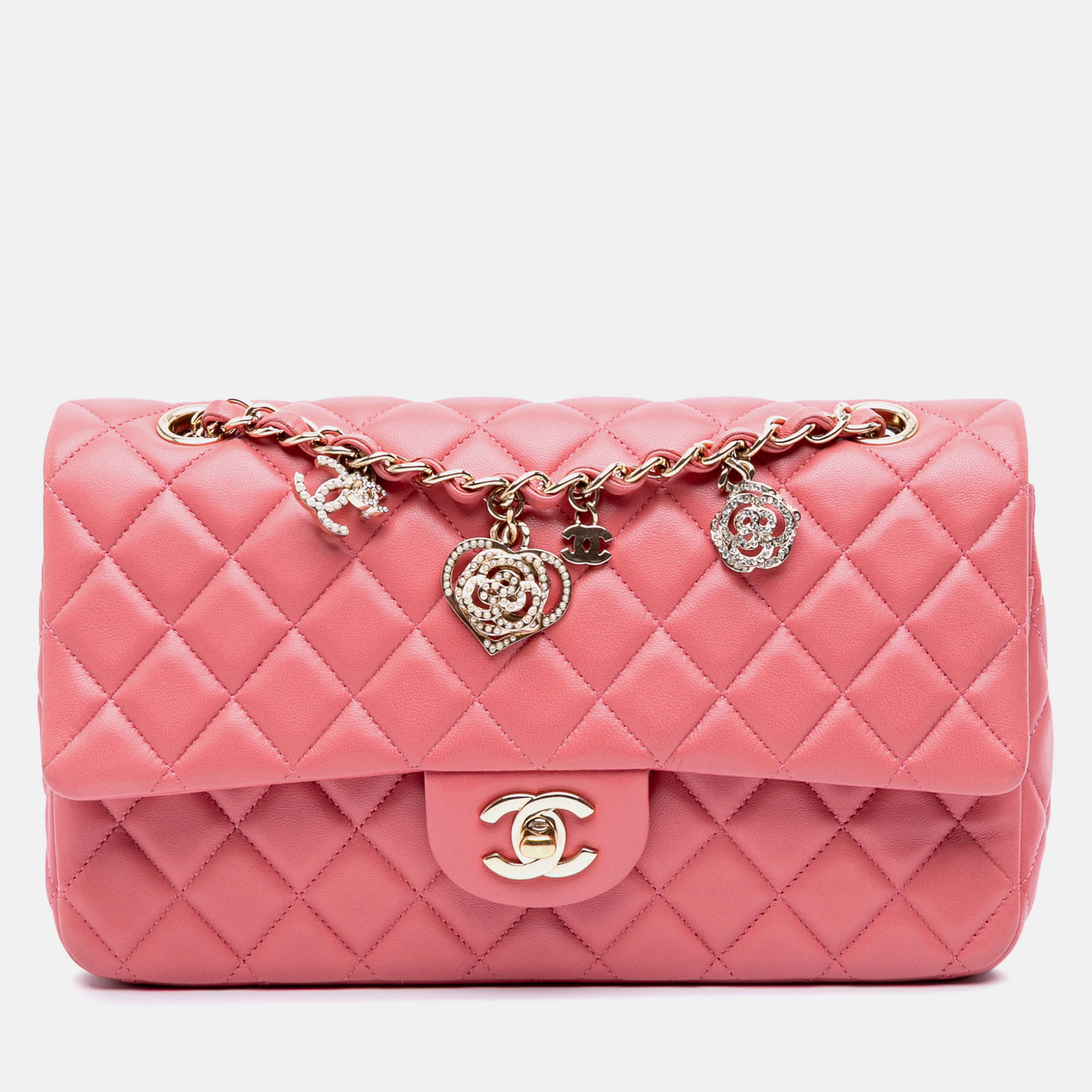 

Chanel Pink Lambskin Valentine Heart Charms Single Flap Bag