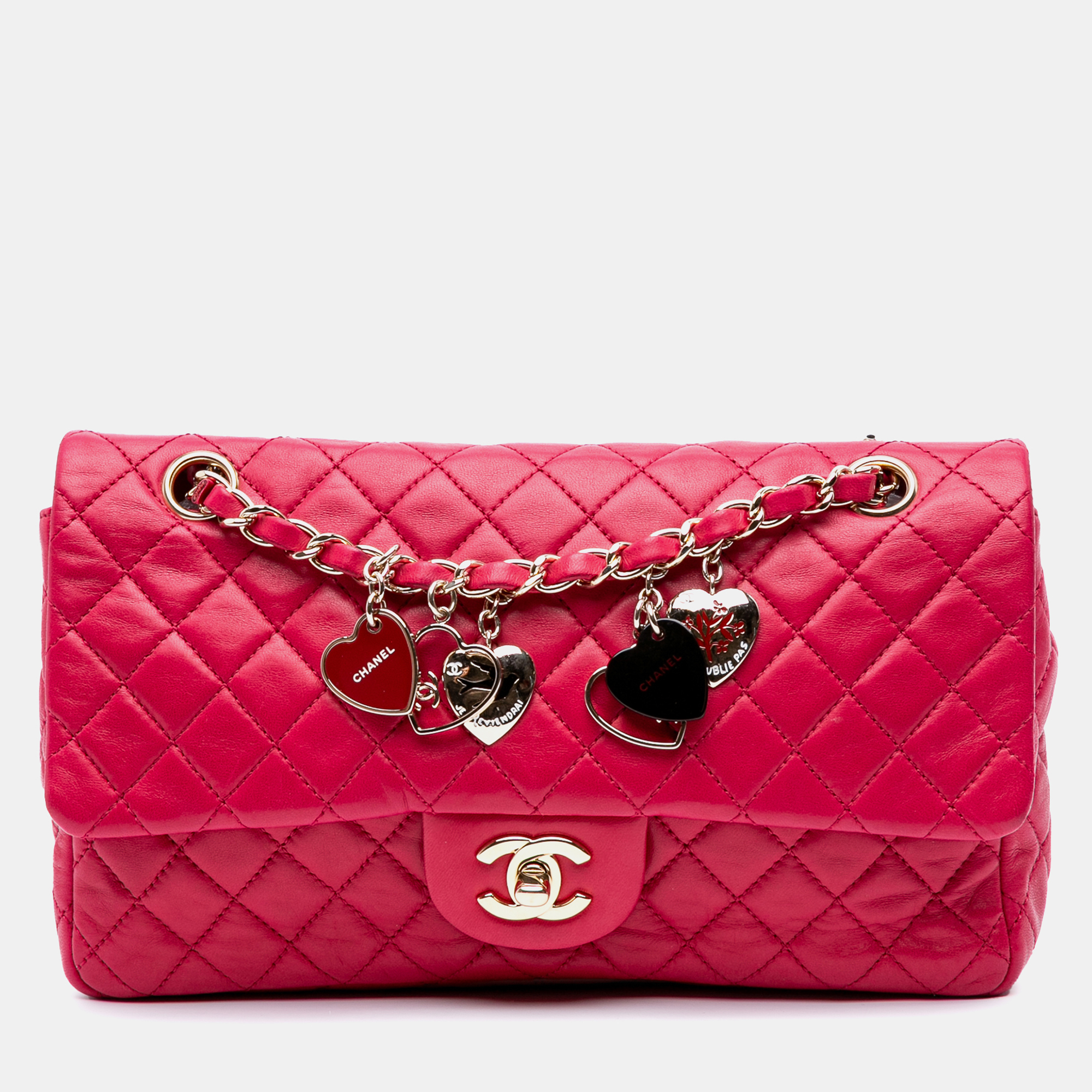 

Chanel Pink Classic Lambskin Medium Valentines Heart Charms Single Flap