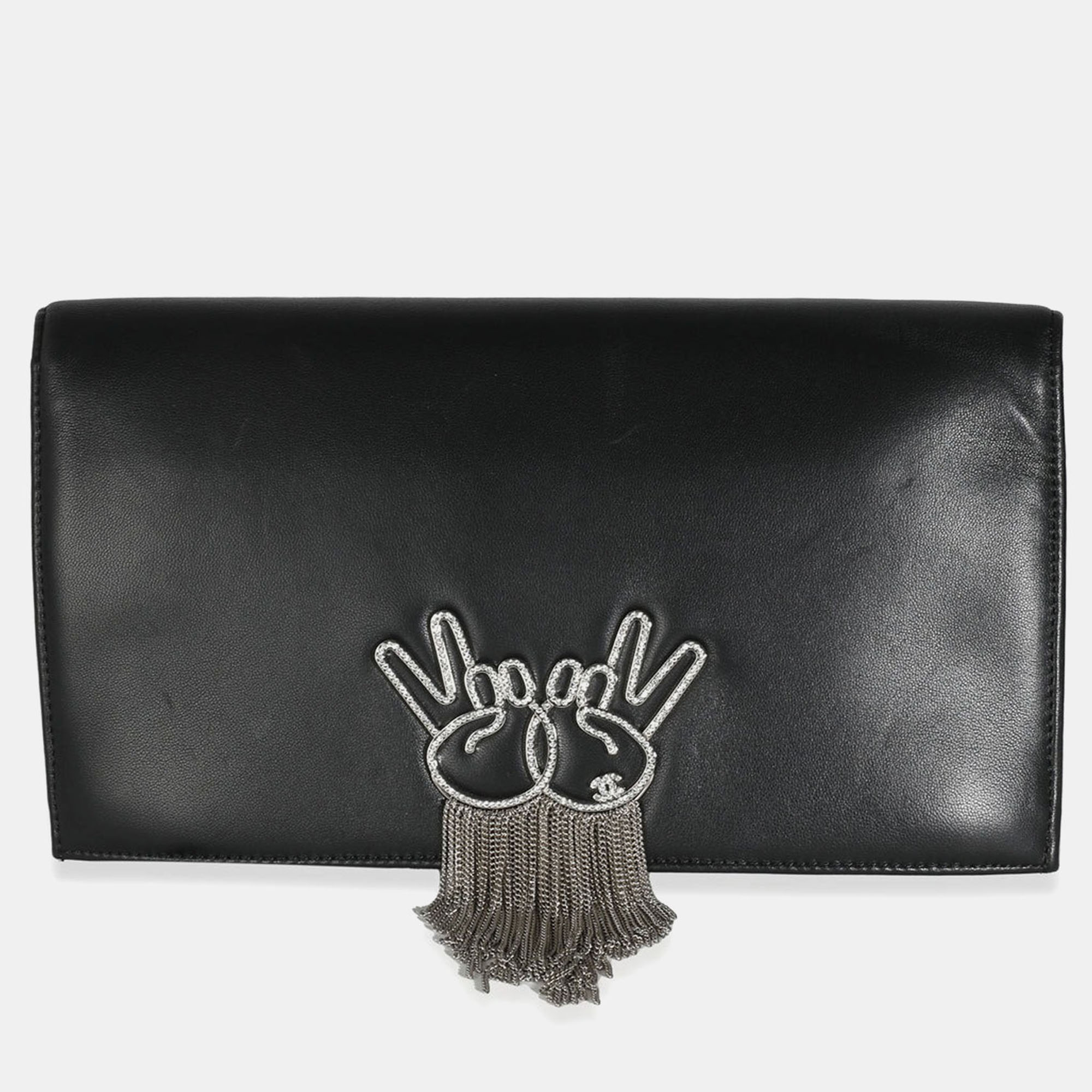 

Chanel Black Lambskin Crystal Peace Sign Emoji Fold Over Clutch