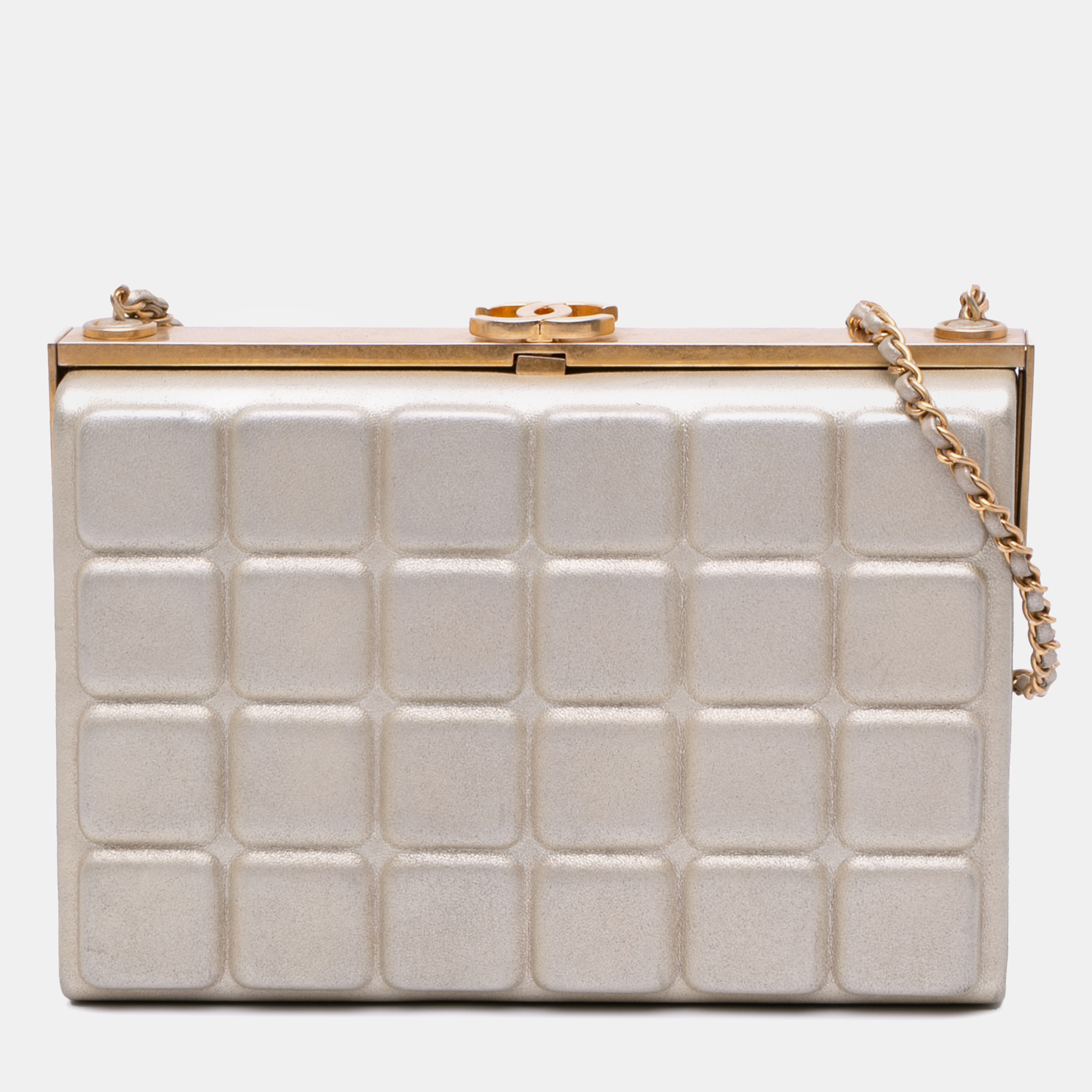 

Chanel Gold Chocolate Bar Metallic Lambskin Frame Clutch with Chain