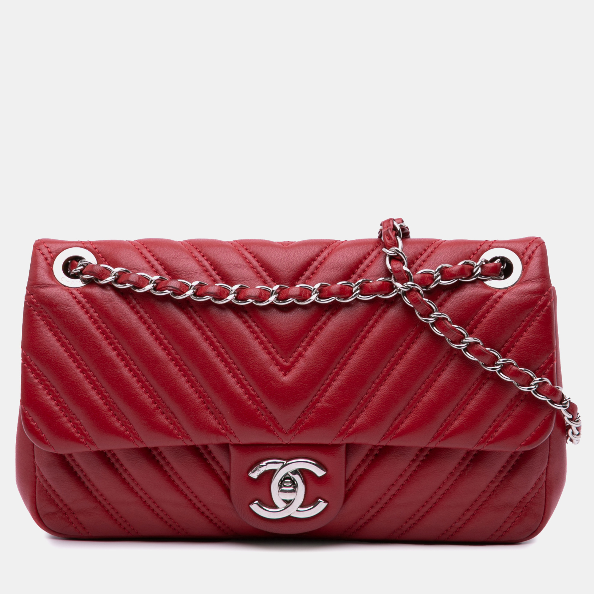 

Chanel Red Lambskin Double Stitch Chevron Medium Single Flap