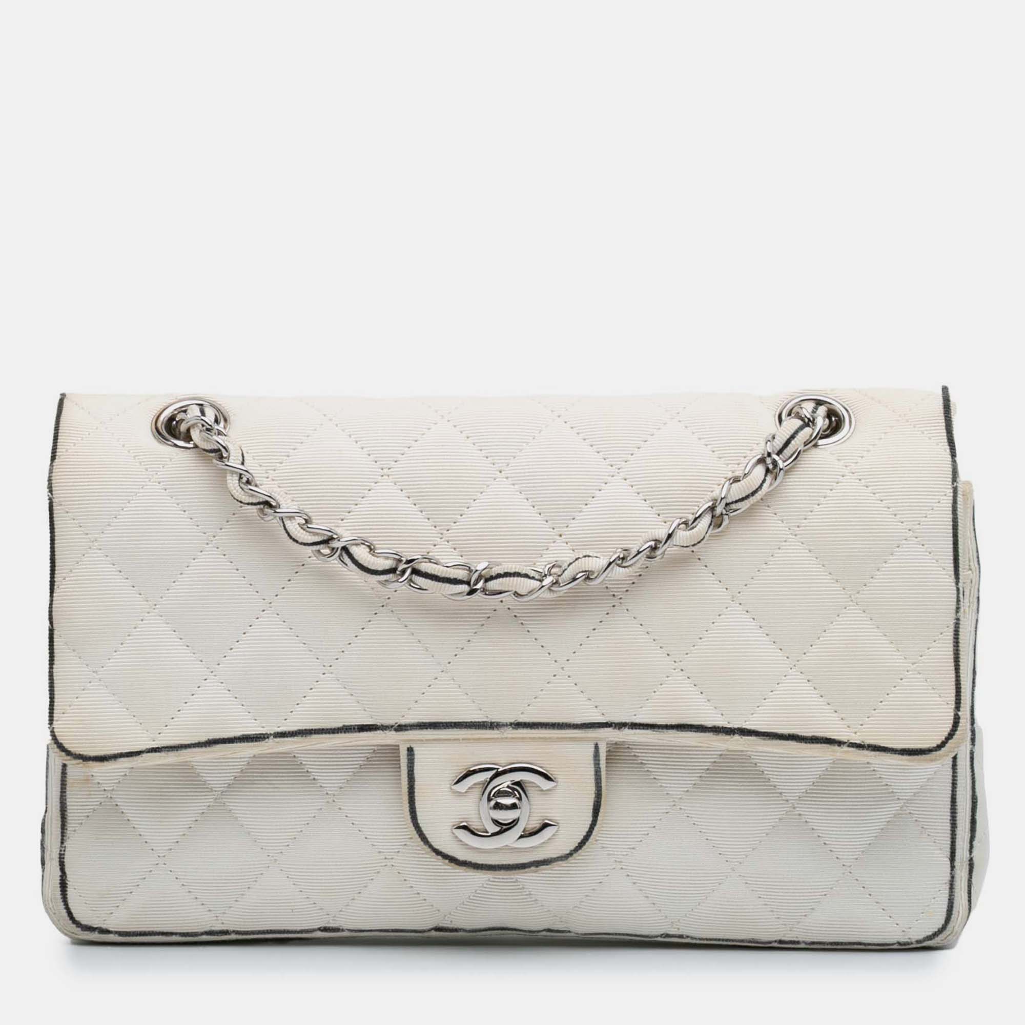

Chanel White Nylon Grosgrain Medium Classic Printed Double Flap